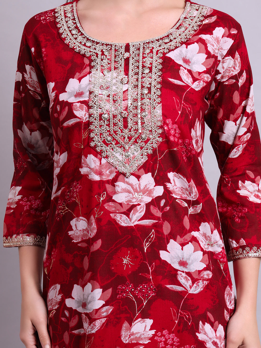 Maroon Cotton Floral Printed & Embroidery Work Kurta With Pant Sets with dupatta