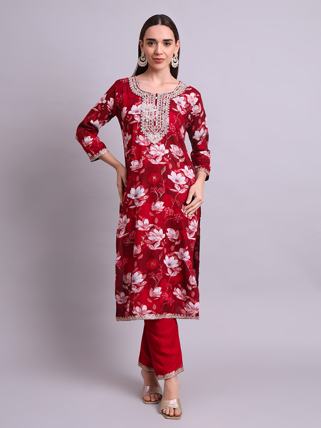 Maroon Cotton Floral Printed & Embroidery Work Kurta With Pant Sets with dupatta