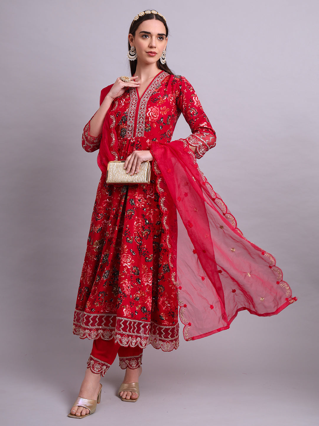 Maroon Cotton Floral Printed & Embroidery Work Kurta With Pant and dupatta