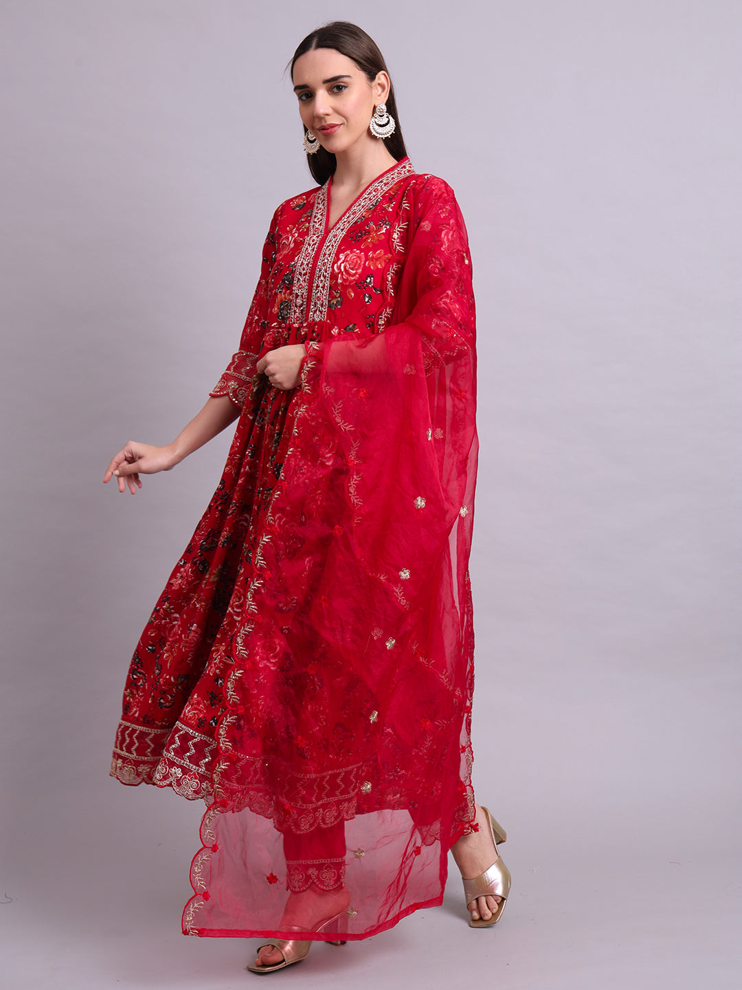 Maroon Cotton Floral Printed & Embroidery Work Kurta With Pant and dupatta