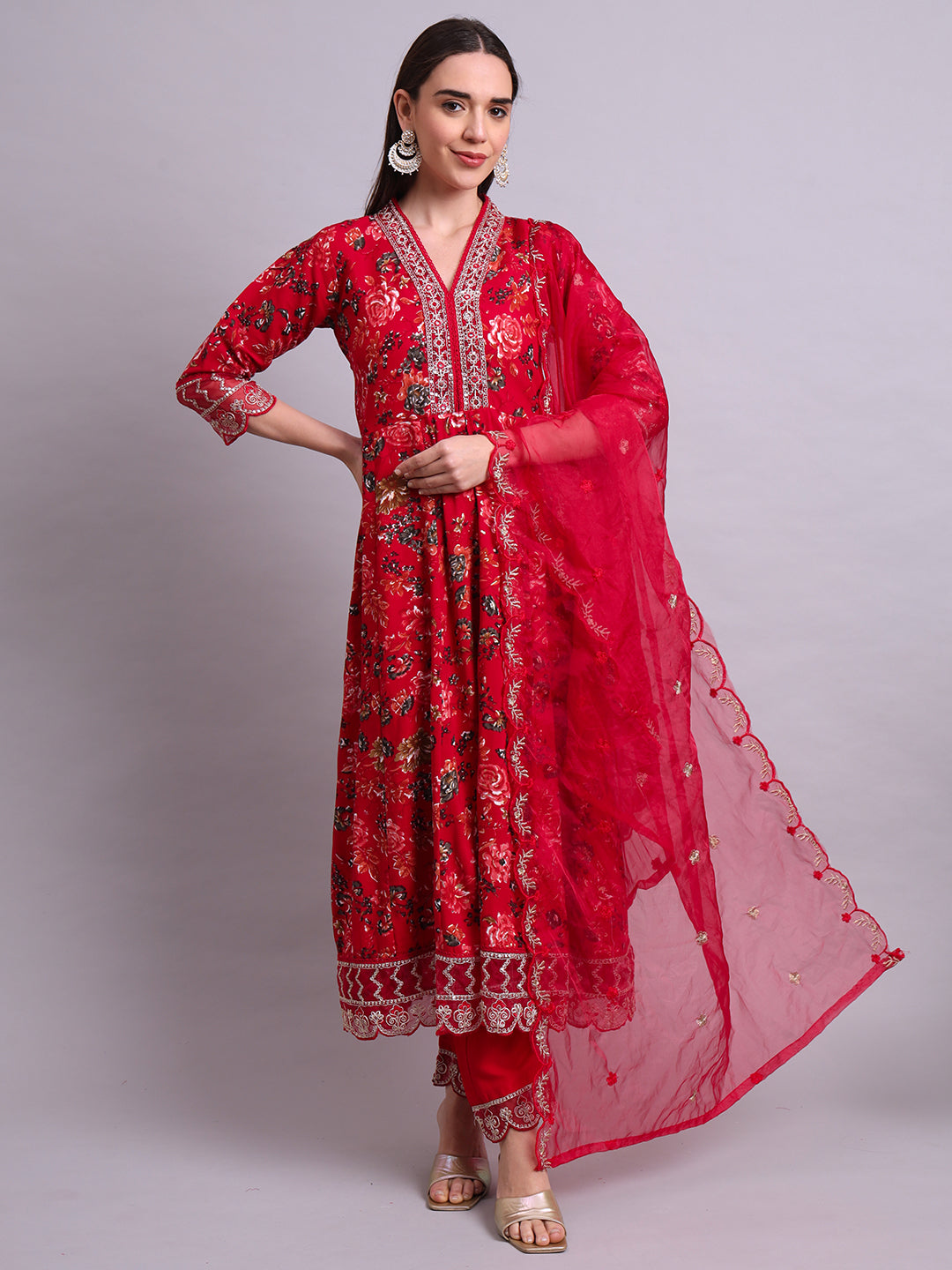 Maroon Cotton Floral Printed & Embroidery Work Kurta With Pant and dupatta
