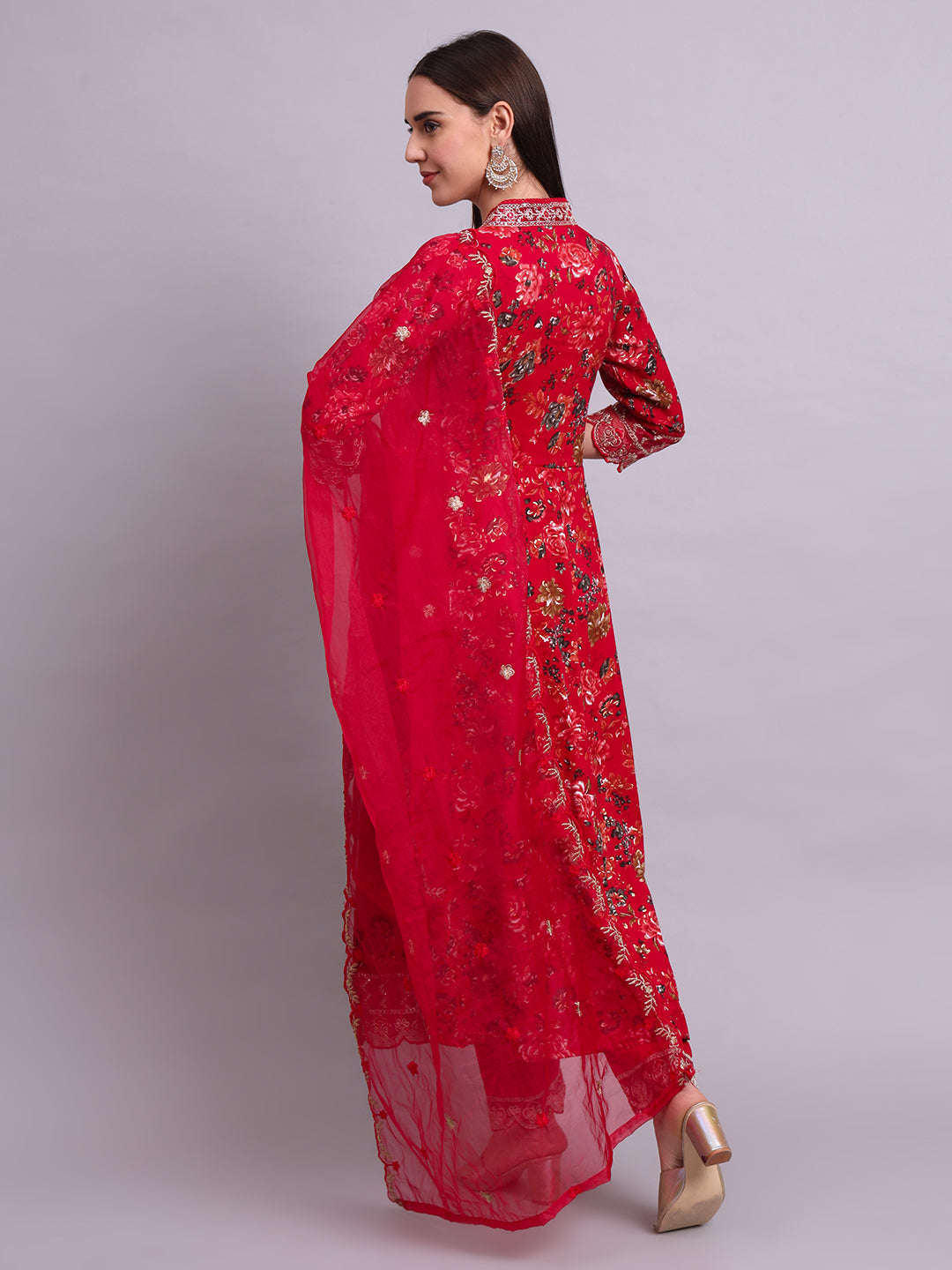 Maroon Cotton Floral Printed & Embroidery Work Kurta With Pant and dupatta
