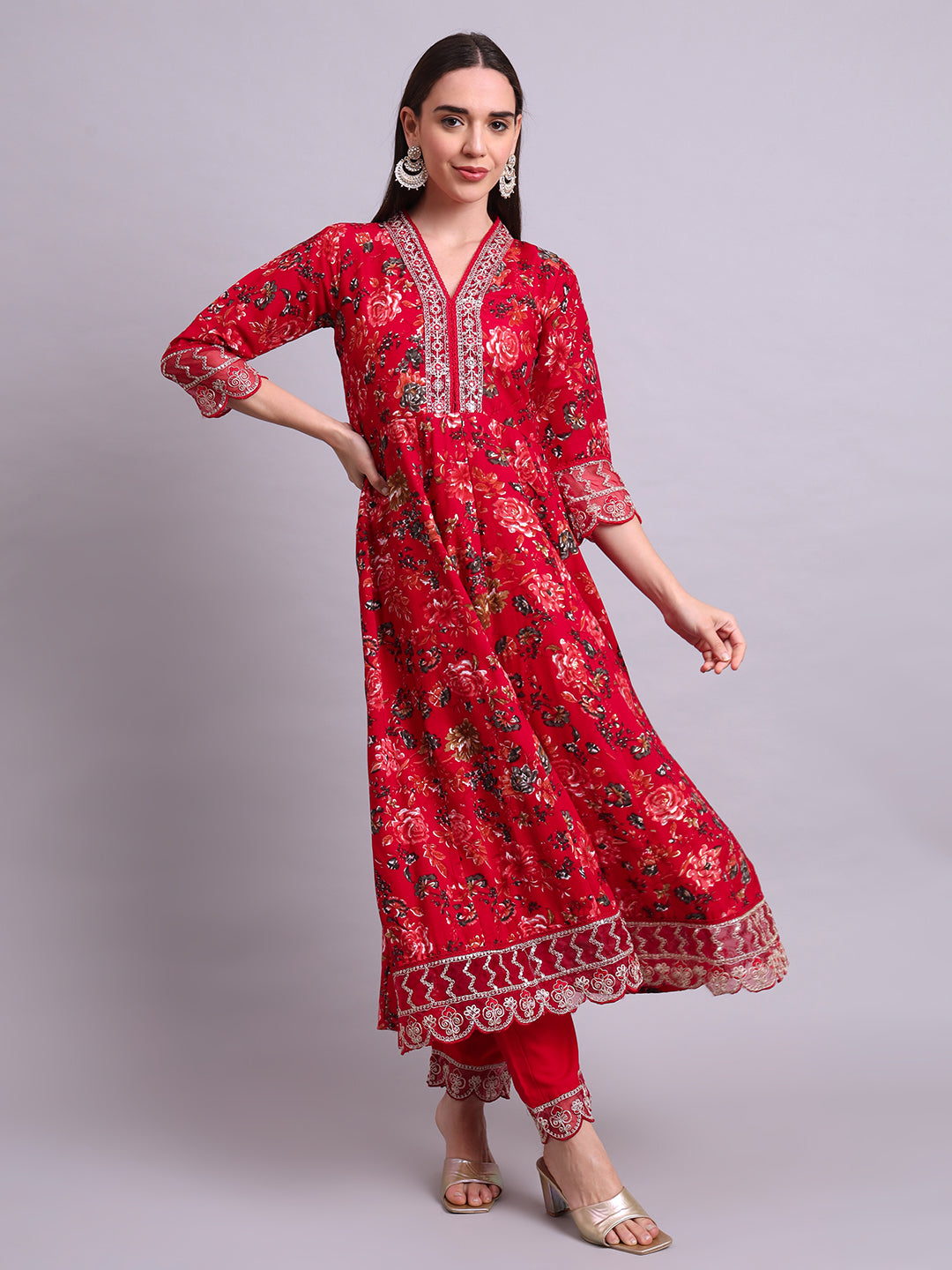 Maroon Cotton Floral Printed & Embroidery Work Kurta With Pant and dupatta
