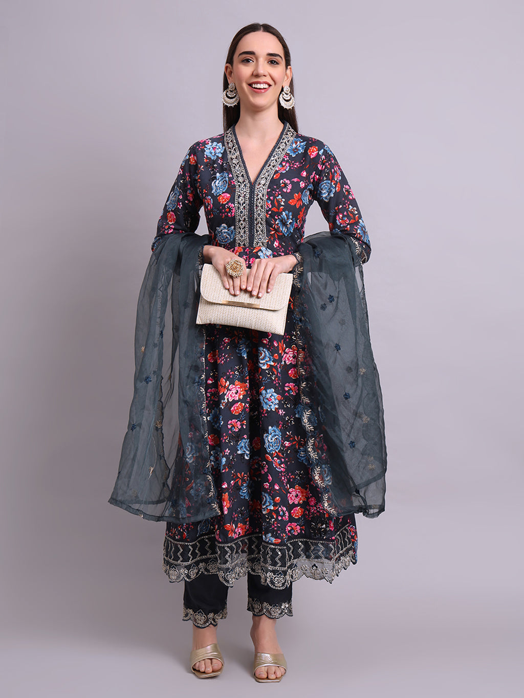 Black Cotton Floral Printed & Embroidery Work Anarkali Kurta Pant and dupatta