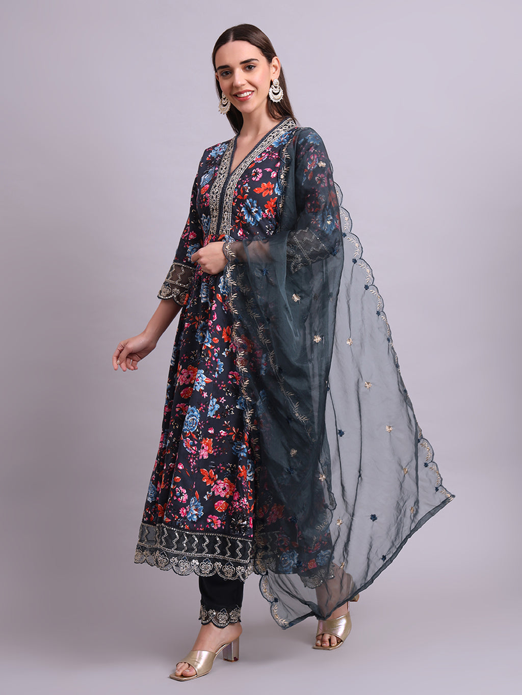 Black Cotton Floral Printed & Embroidery Work Anarkali Kurta Pant and dupatta