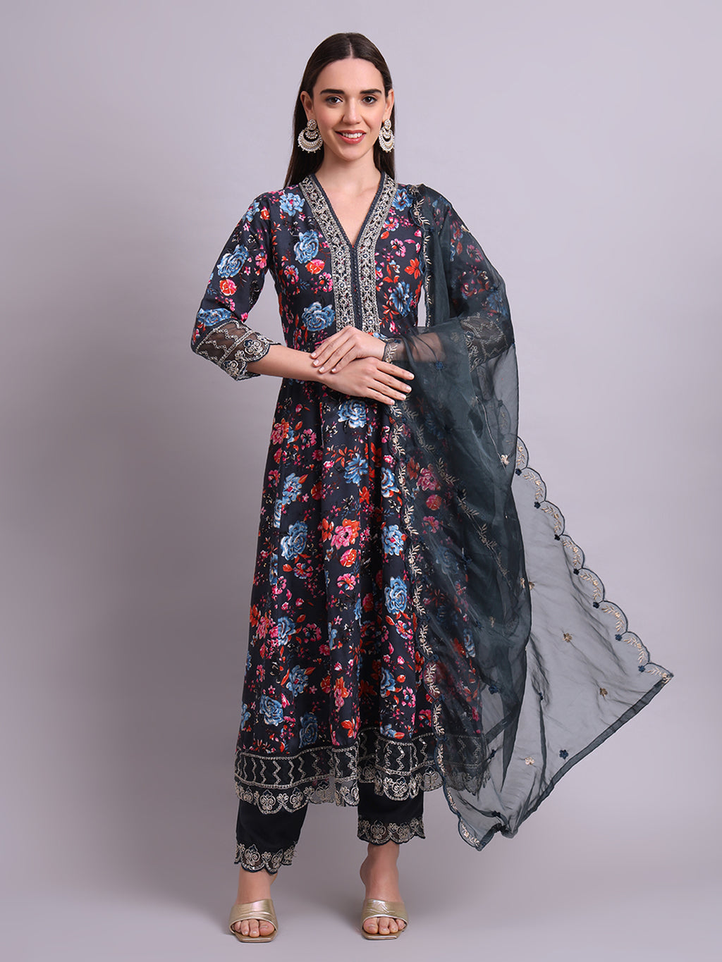 Black Cotton Floral Printed & Embroidery Work Anarkali Kurta Pant and dupatta