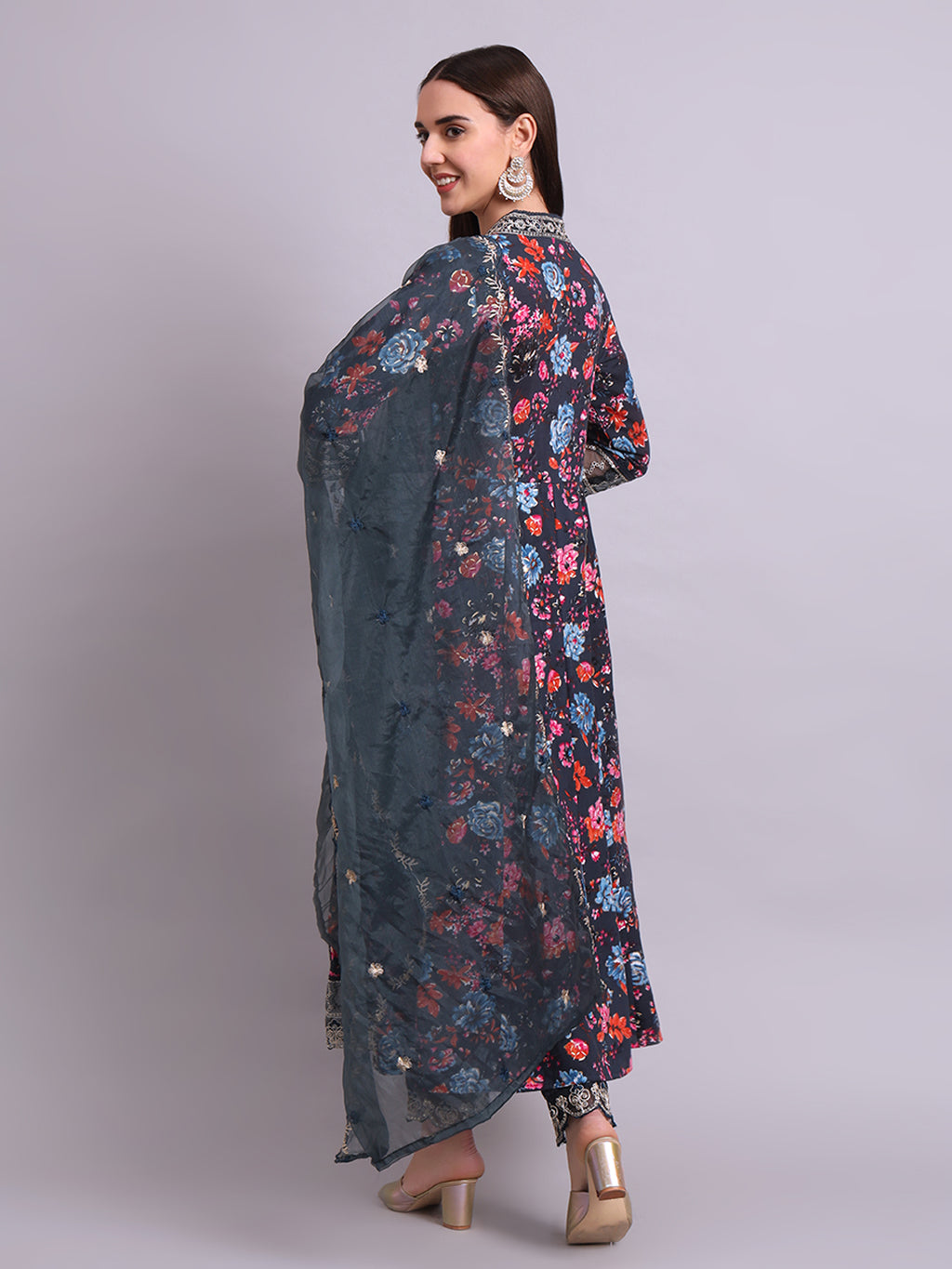 Black Cotton Floral Printed & Embroidery Work Anarkali Kurta Pant and dupatta