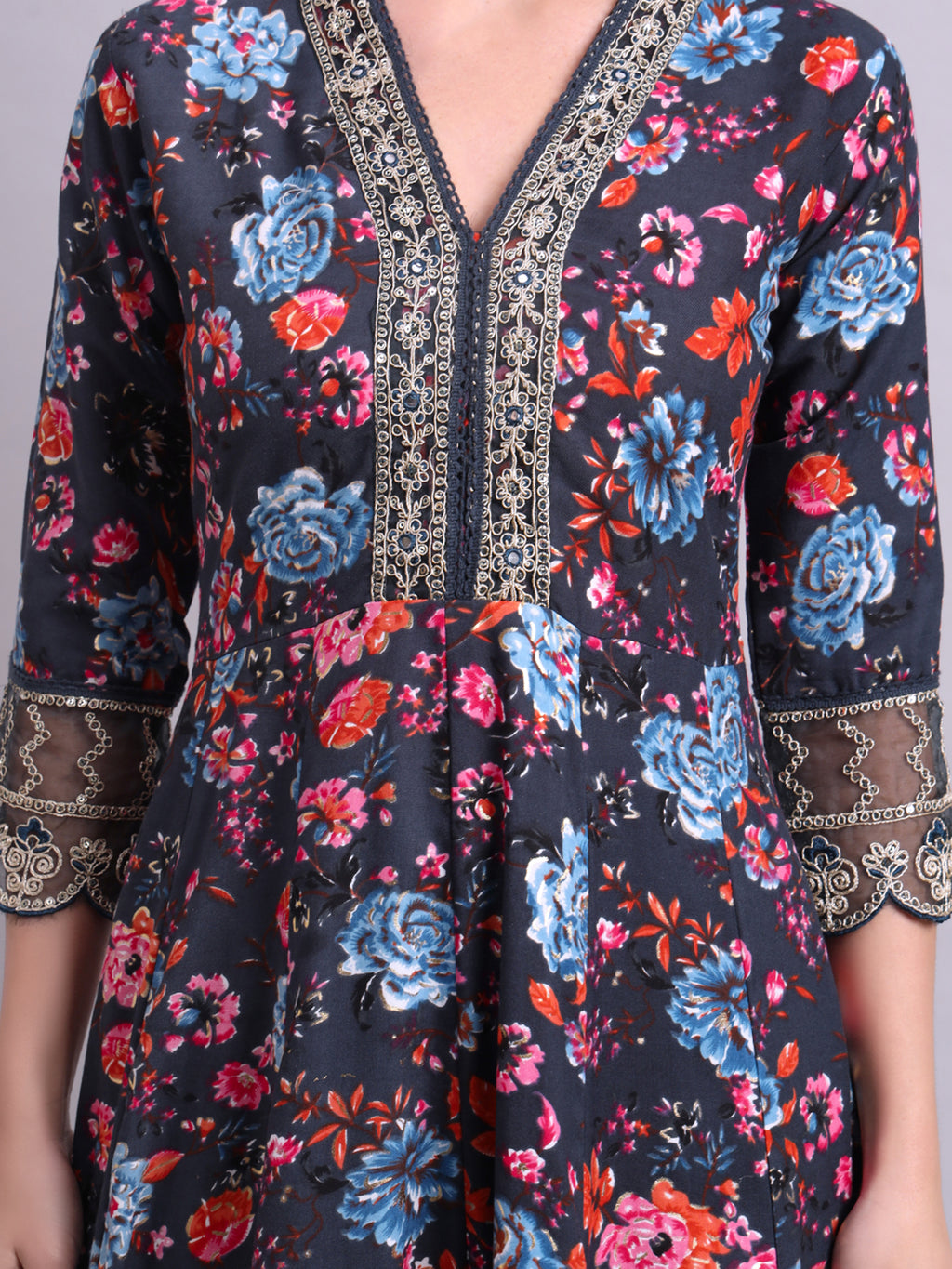 Black Cotton Floral Printed & Embroidery Work Anarkali Kurta Pant and dupatta