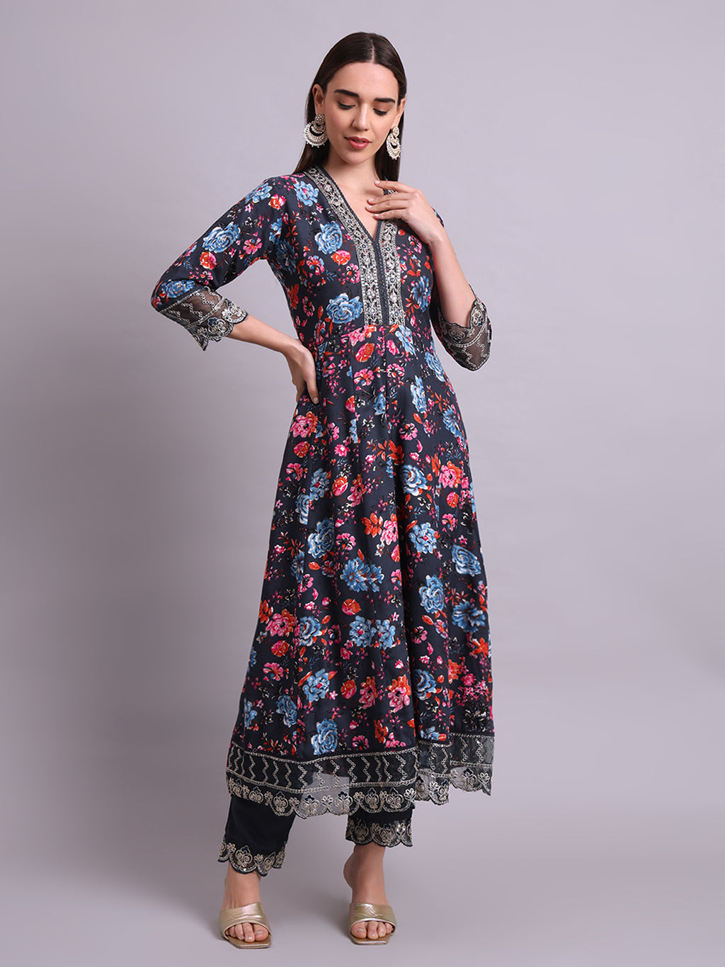 Black Cotton Floral Printed & Embroidery Work Anarkali Kurta Pant and dupatta