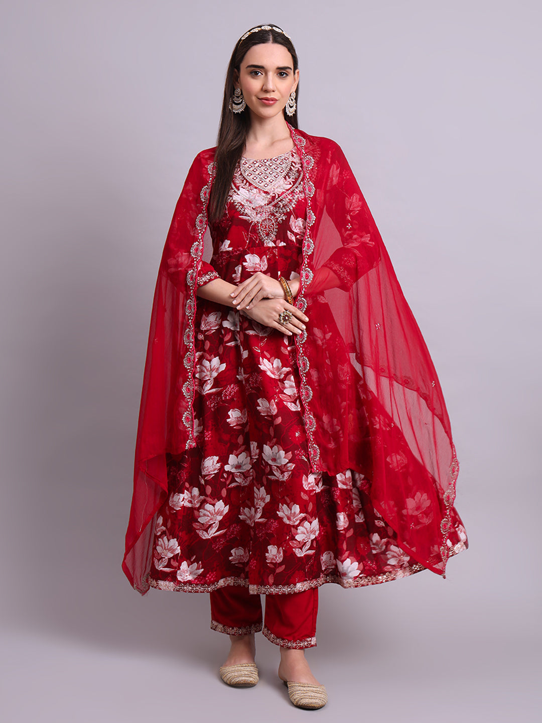 Maroon Cotton Floral Printed & Embroidery Work Anarkali Kurta Pant and dupatta