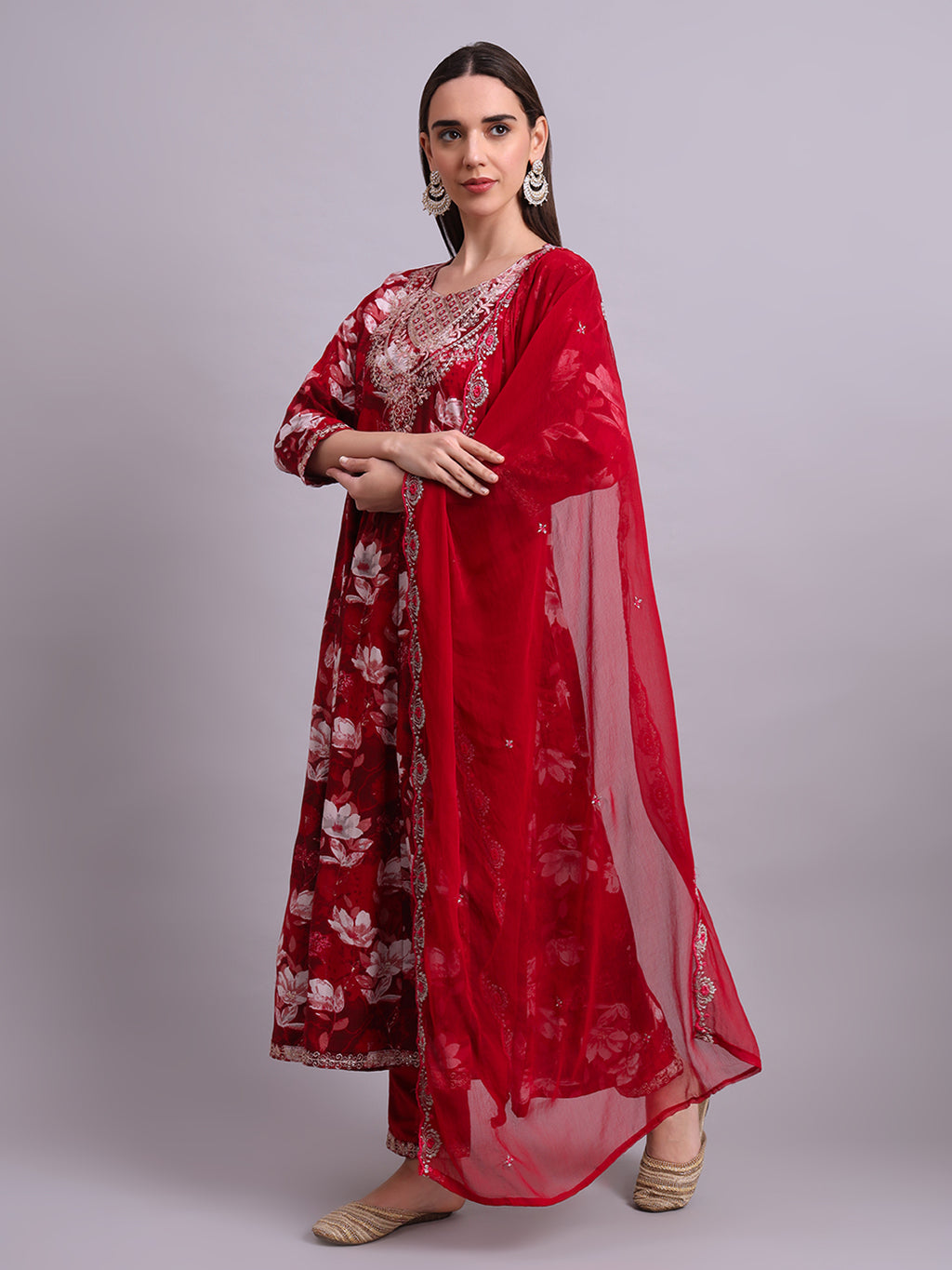 Maroon Cotton Floral Printed & Embroidery Work Anarkali Kurta Pant and dupatta