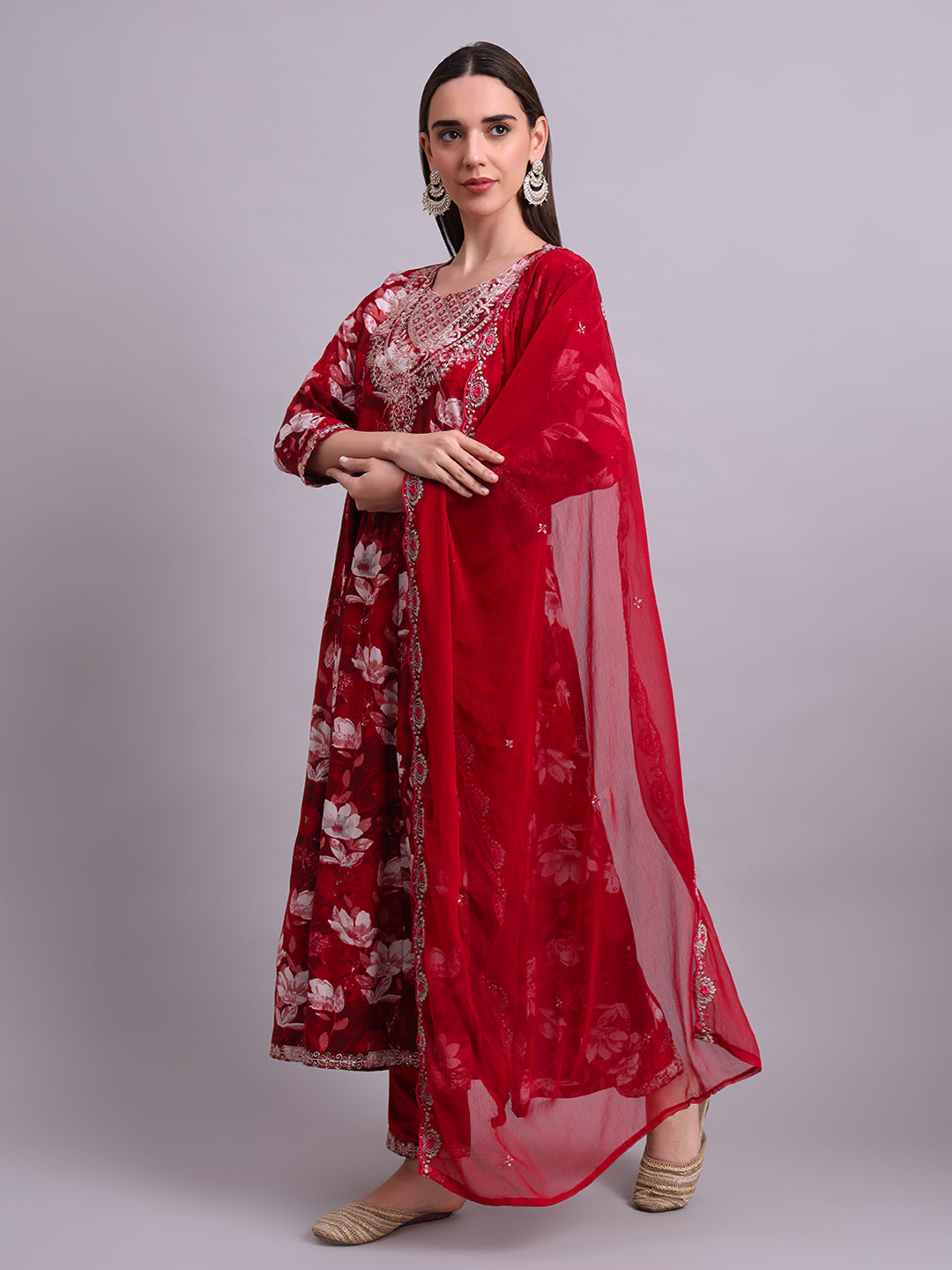 Maroon Cotton Floral Printed & Embroidery Work Anarkali Kurta Pant and dupatta