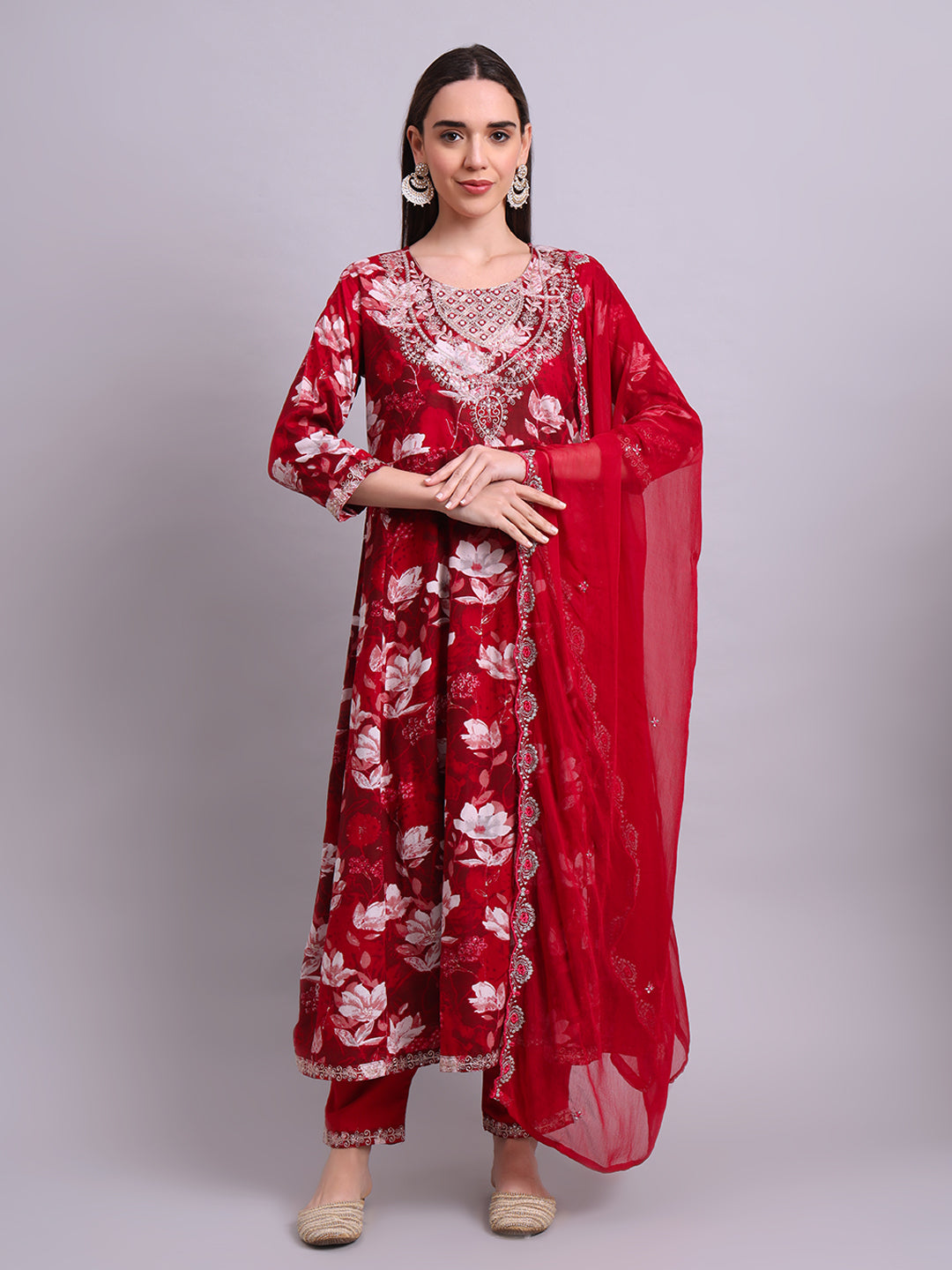 Maroon Cotton Floral Printed & Embroidery Work Anarkali Kurta Pant and dupatta