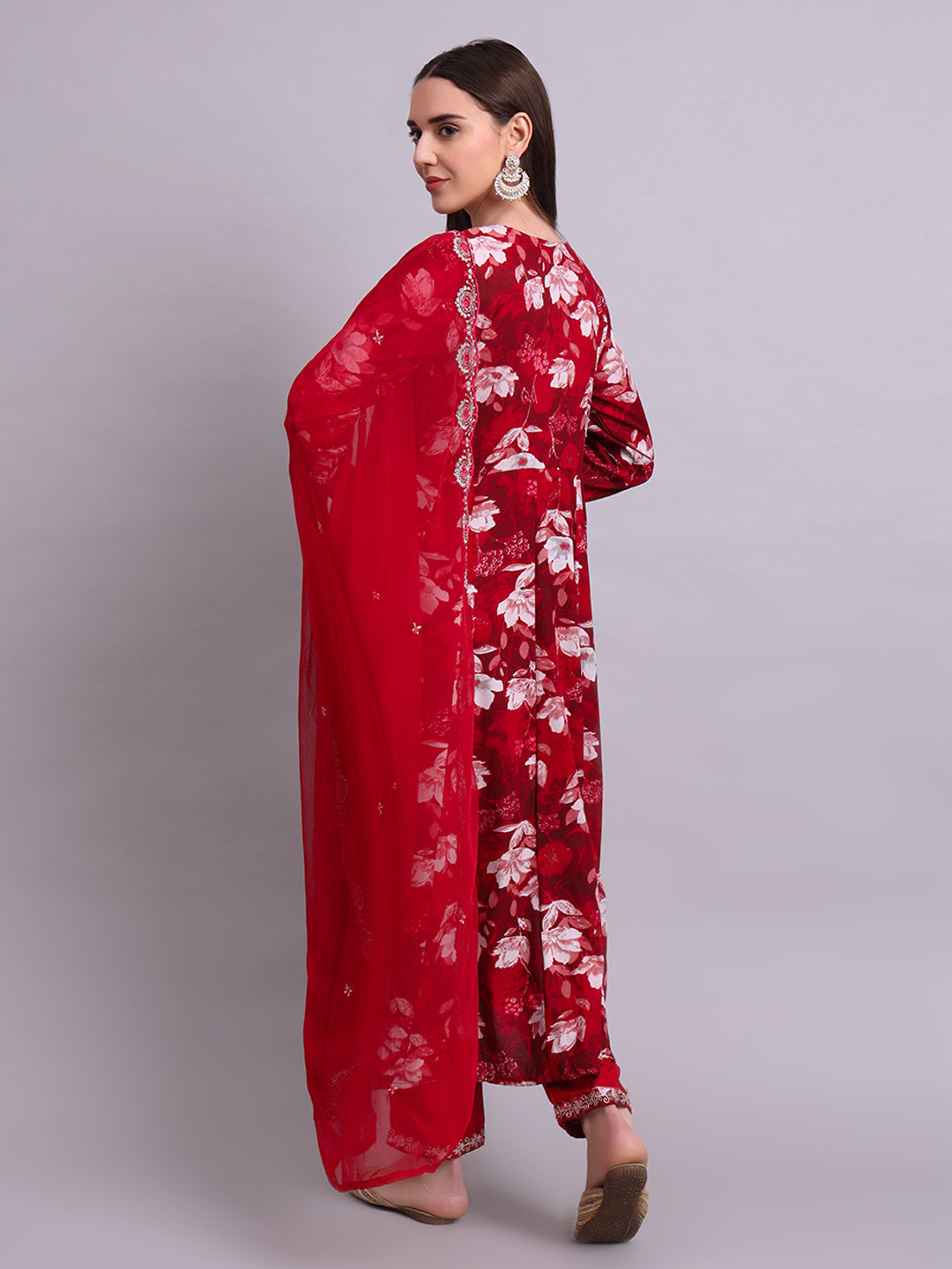 Maroon Cotton Floral Printed & Embroidery Work Anarkali Kurta Pant and dupatta