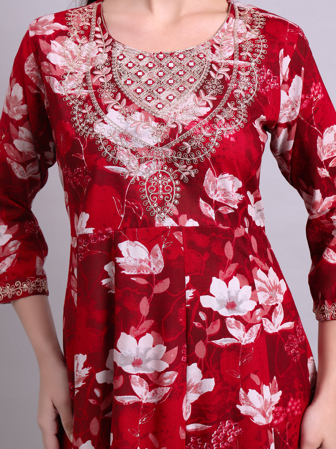 Maroon Cotton Floral Printed & Embroidery Work Anarkali Kurta Pant and dupatta
