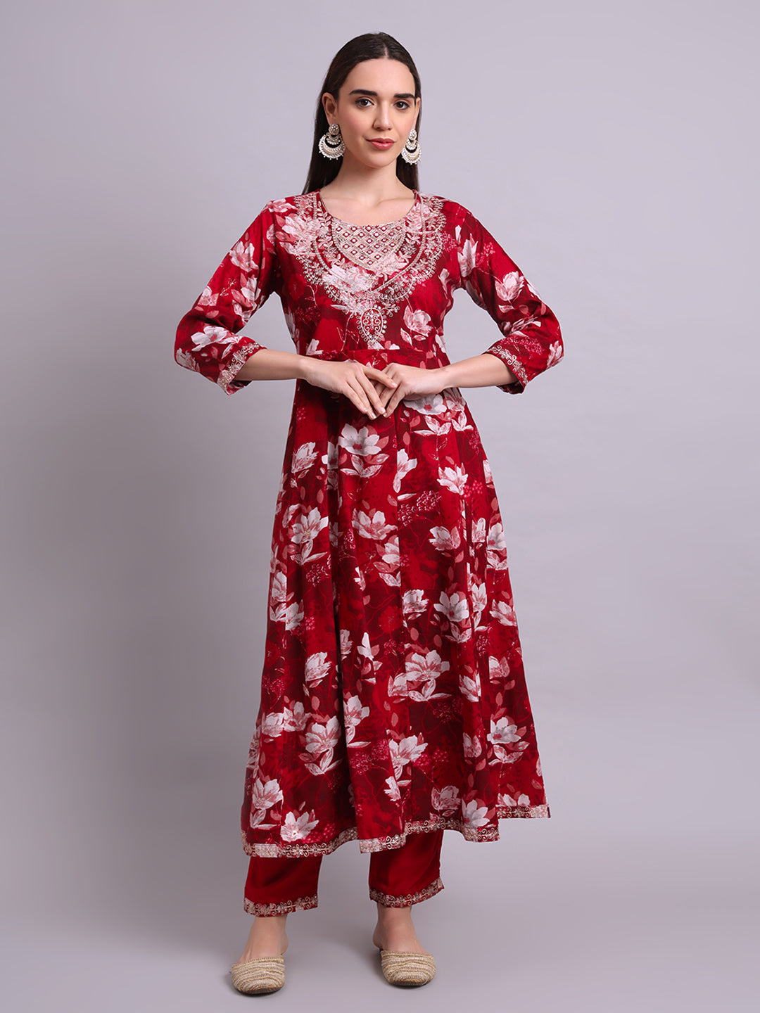 Maroon Cotton Floral Printed & Embroidery Work Anarkali Kurta Pant and dupatta