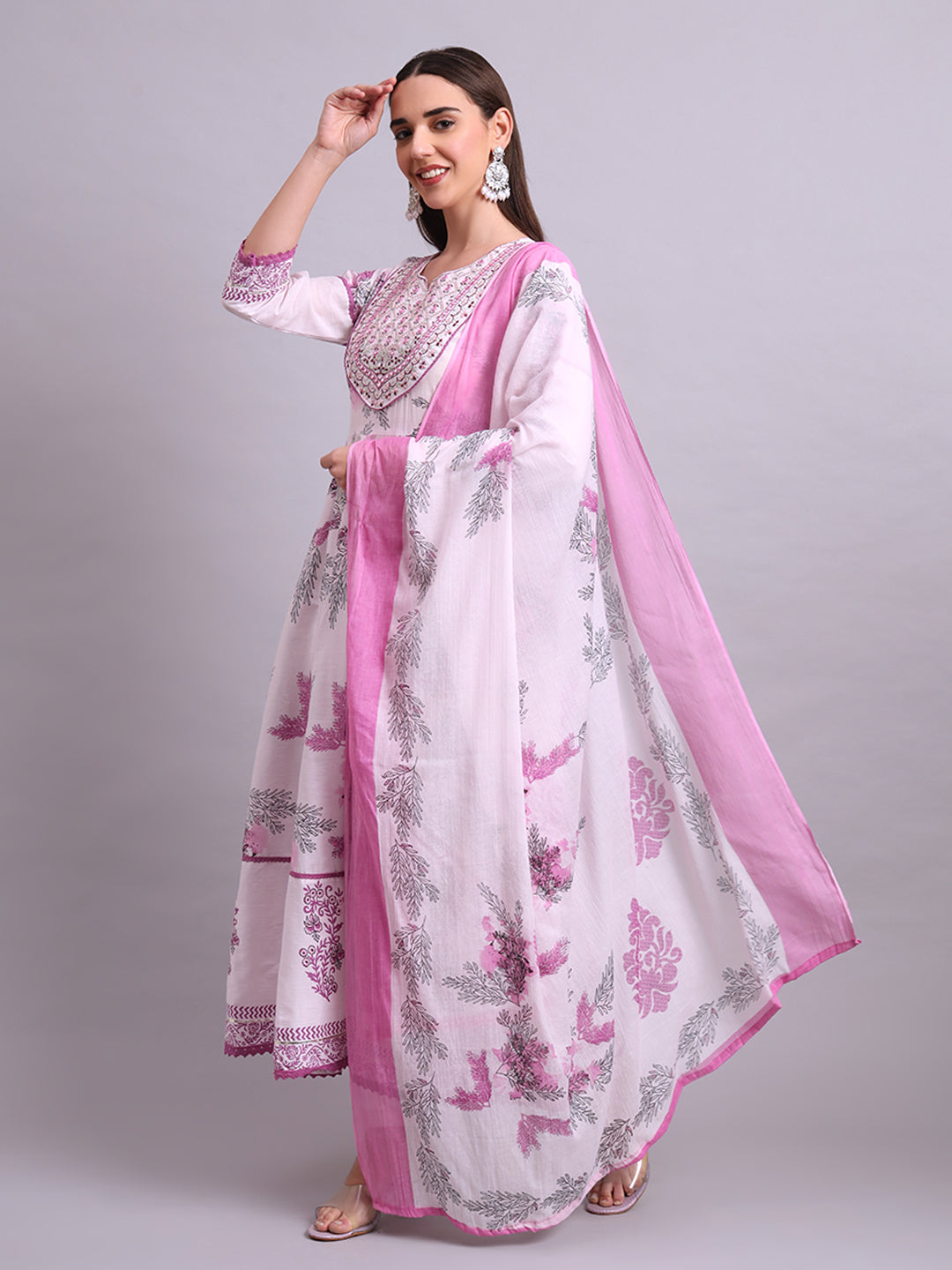 Pink Cotton Floral Printed & Embroidery Work Anarkali Kurta Pant and dupatta