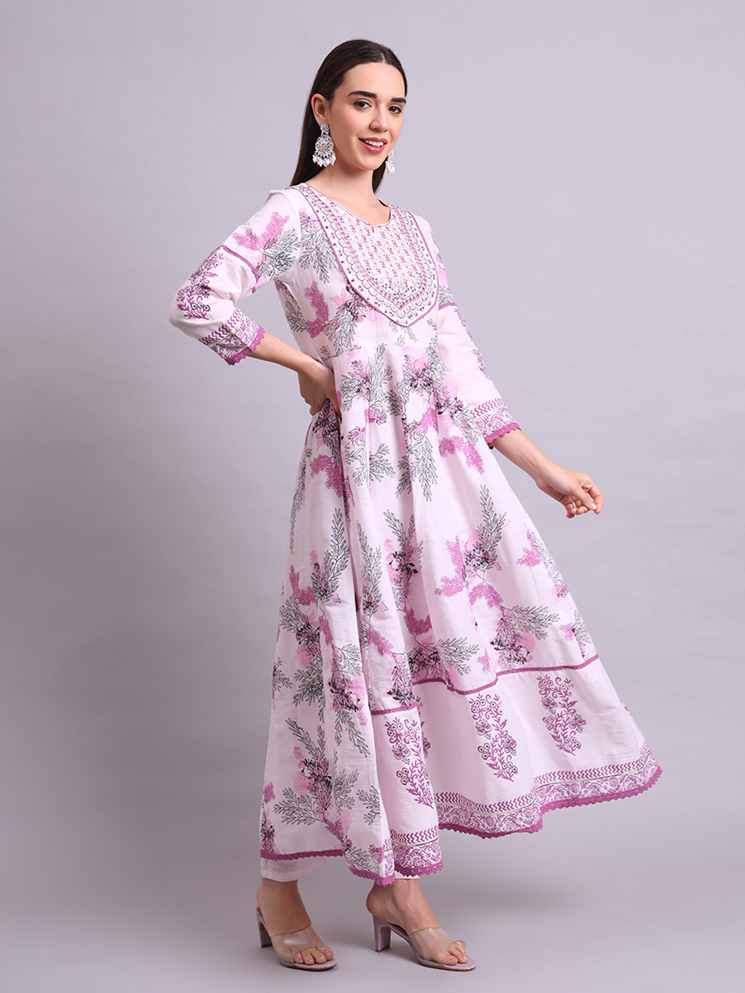 Pink Cotton Floral Printed & Embroidery Work Anarkali Kurta Pant and dupatta