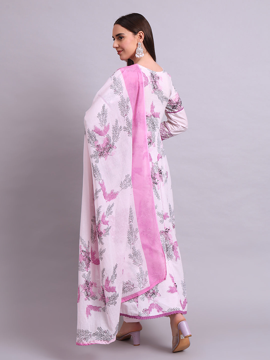 Pink Cotton Floral Printed & Embroidery Work Anarkali Kurta Pant and dupatta