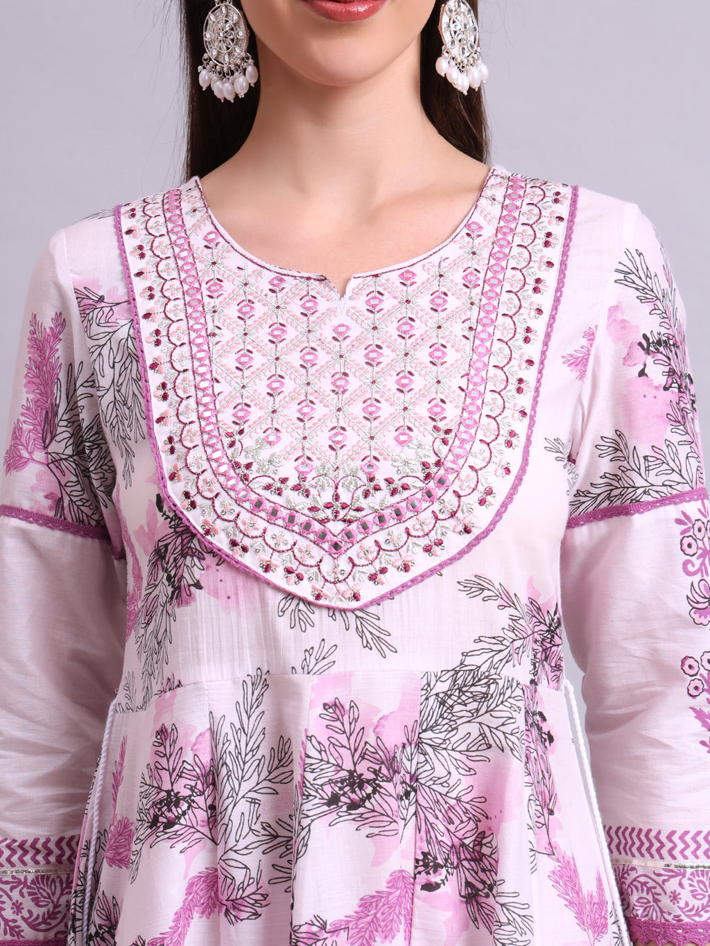 Pink Cotton Floral Printed & Embroidery Work Anarkali Kurta Pant and dupatta