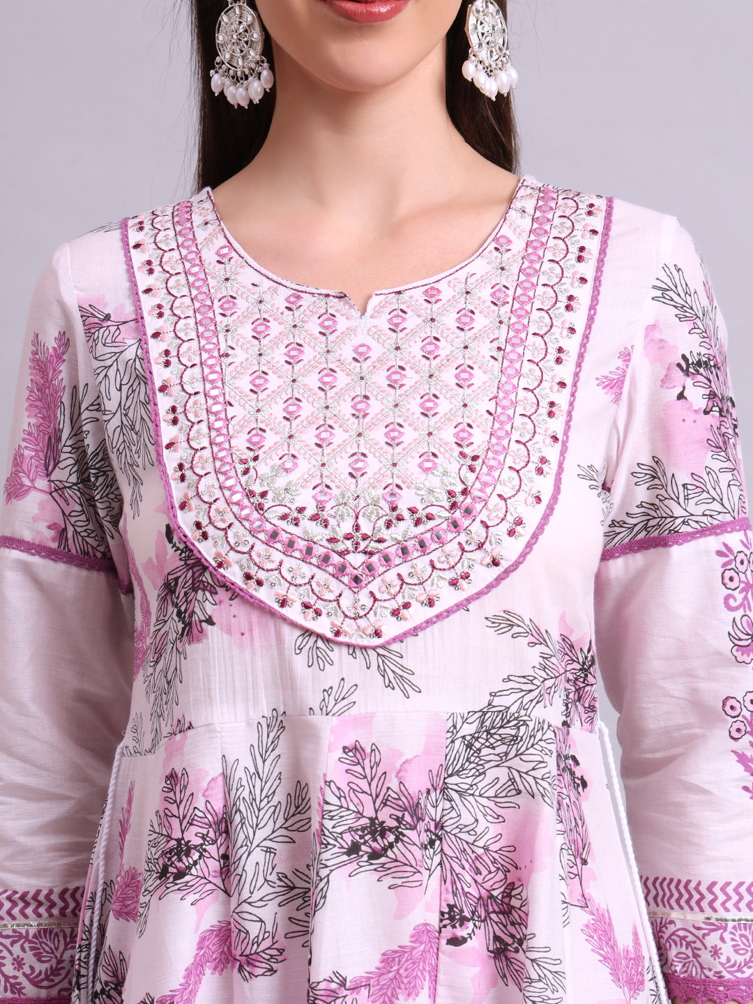 Pink Cotton Floral Printed & Embroidery Work Anarkali Kurta Pant and dupatta