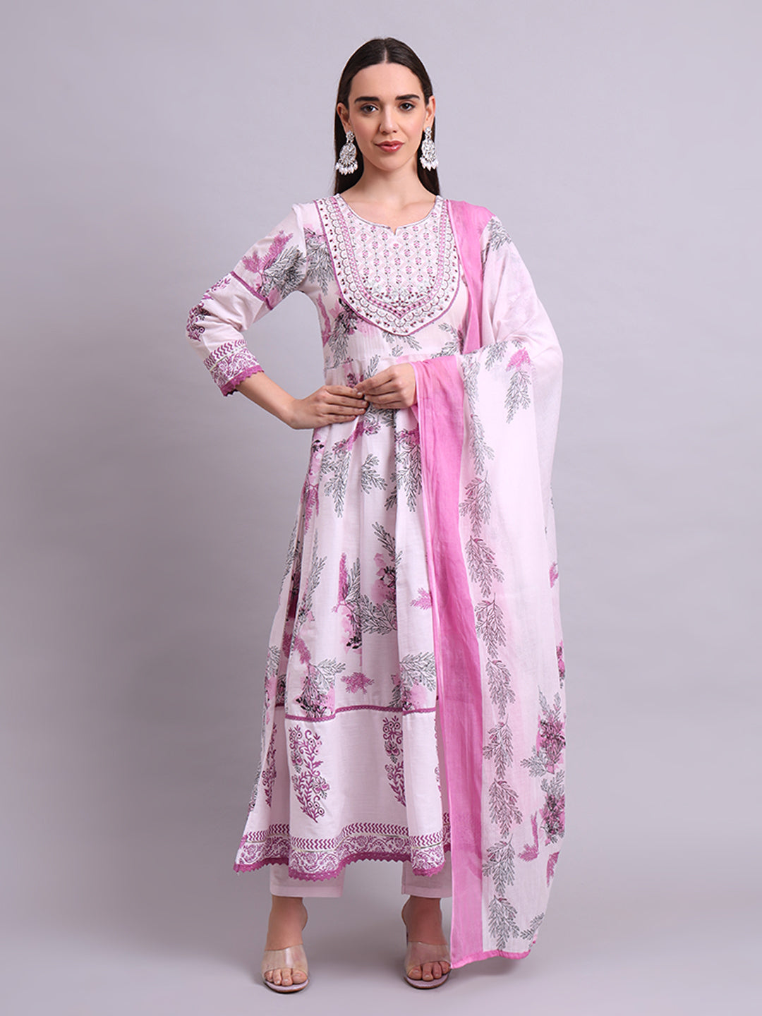 Pink Cotton Floral Printed & Embroidery Work Anarkali Kurta Pant and dupatta