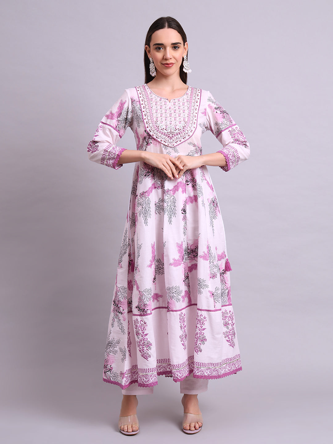 Pink Cotton Floral Printed & Embroidery Work Anarkali Kurta Pant and dupatta