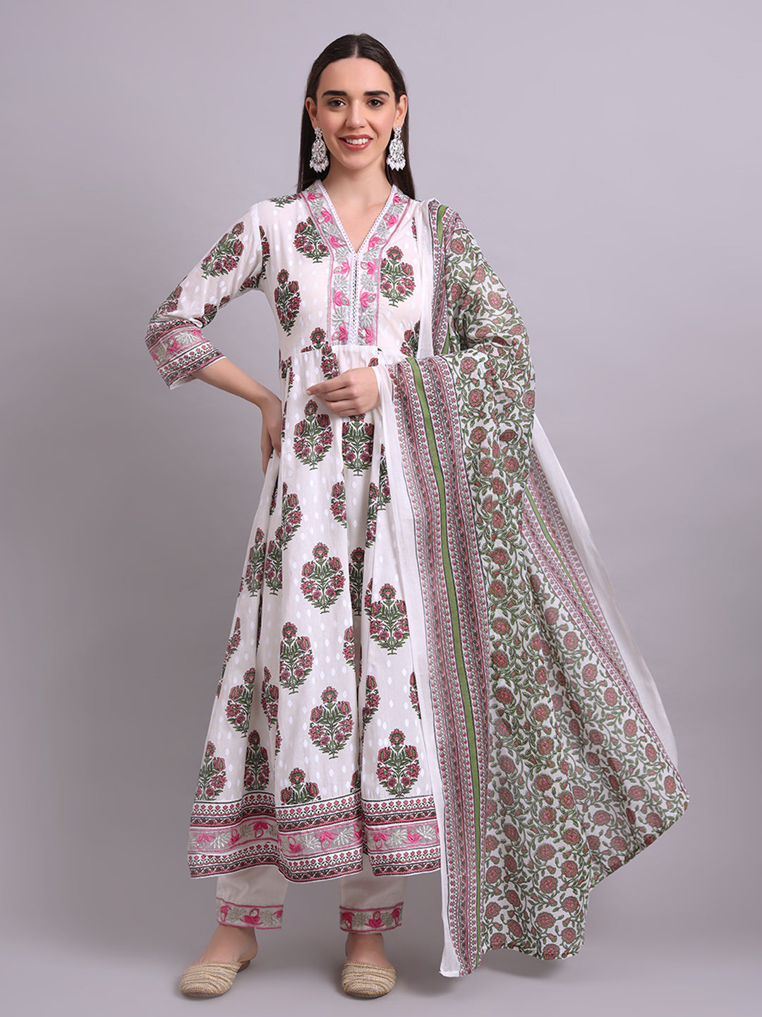 Off White Cotton Buta Printed & Embroidery Work Anarkali Kurta Pant and dupatta