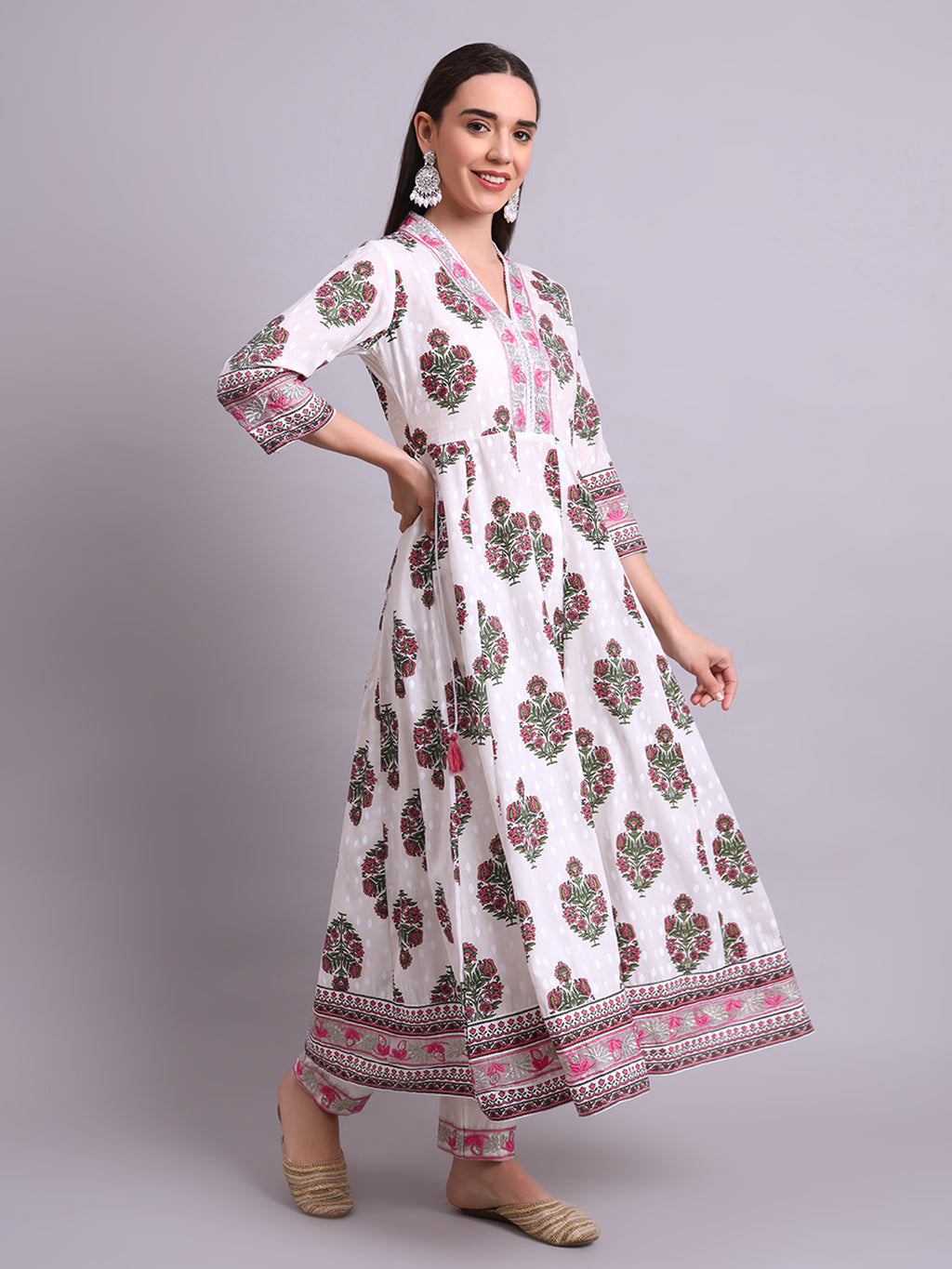 Off White Cotton Buta Printed & Embroidery Work Anarkali Kurta Pant and dupatta