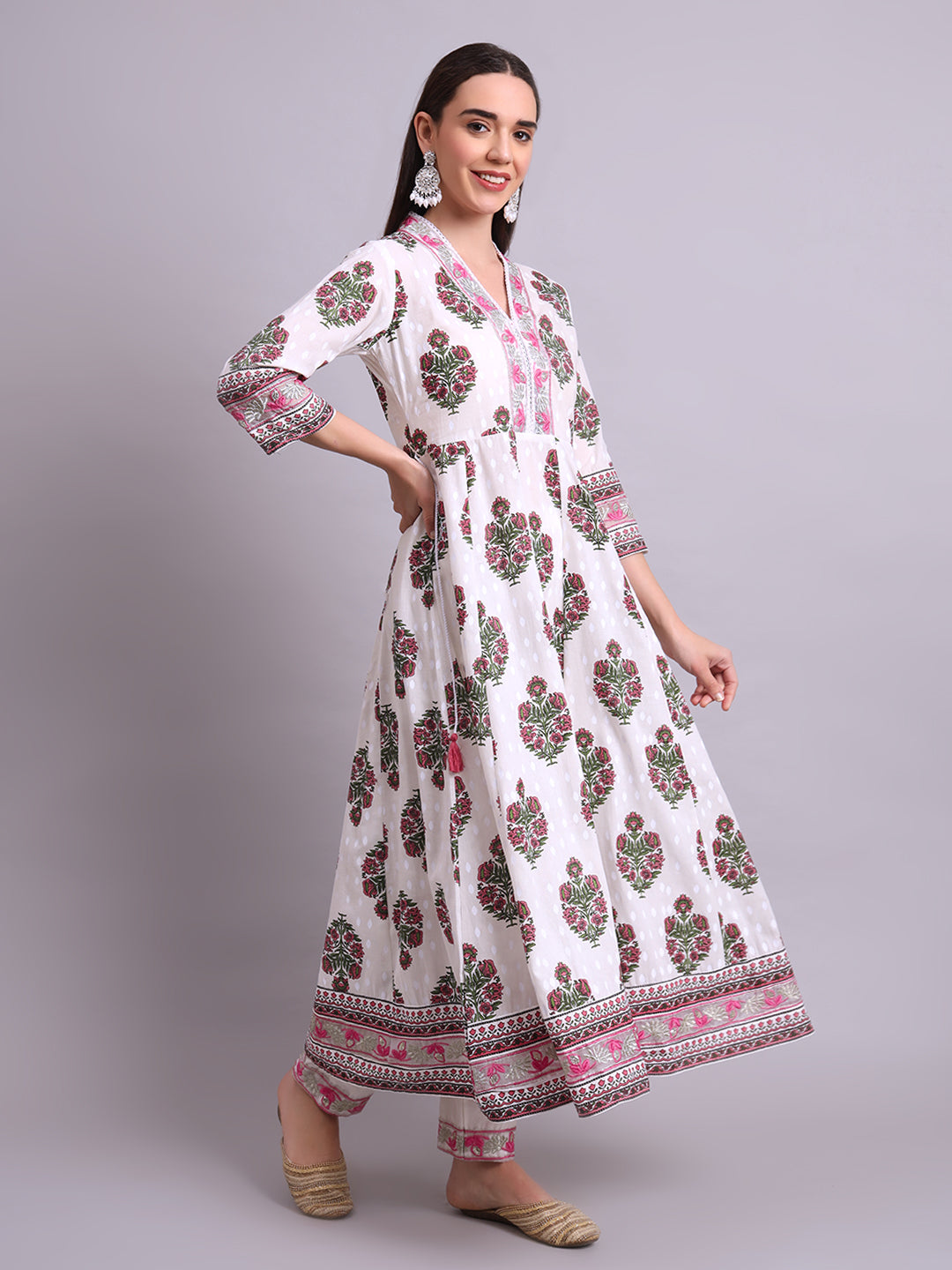 Off White Cotton Buta Printed & Embroidery Work Anarkali Kurta Pant and dupatta