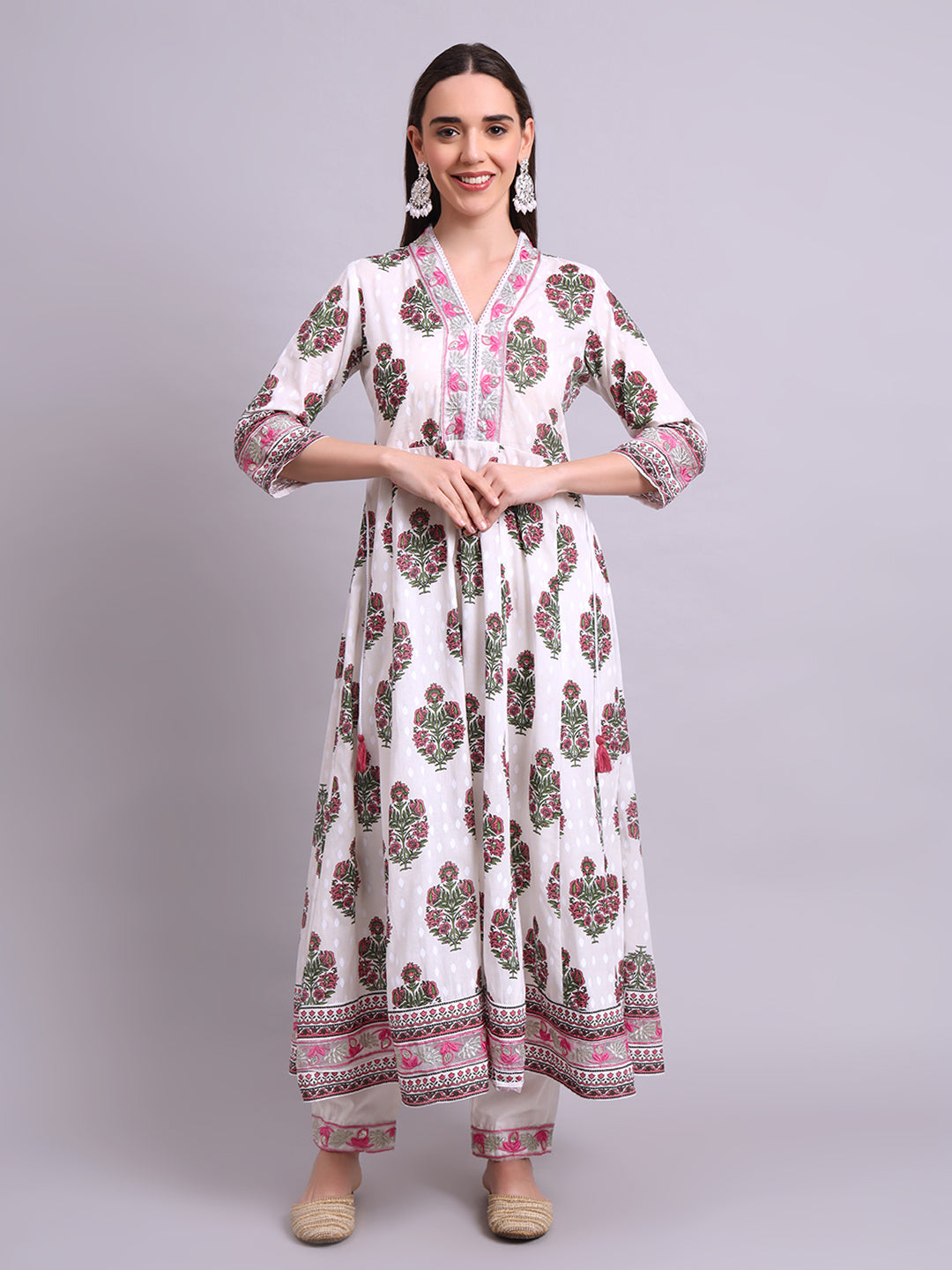 Off White Cotton Buta Printed & Embroidery Work Anarkali Kurta Pant and dupatta