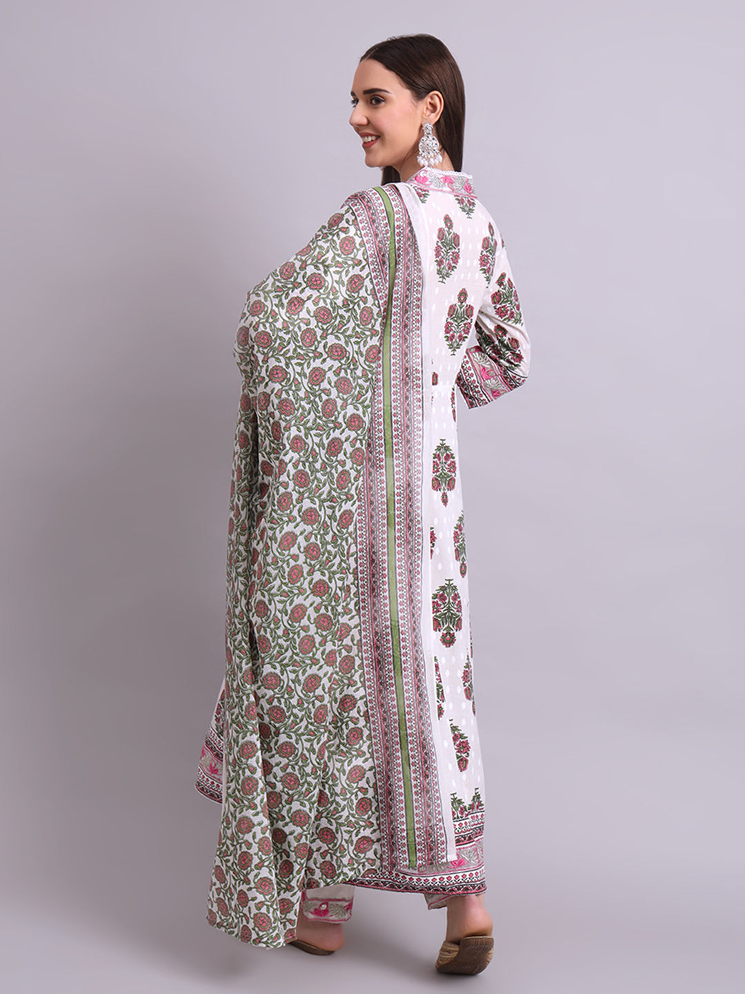 Off White Cotton Buta Printed & Embroidery Work Anarkali Kurta Pant and dupatta