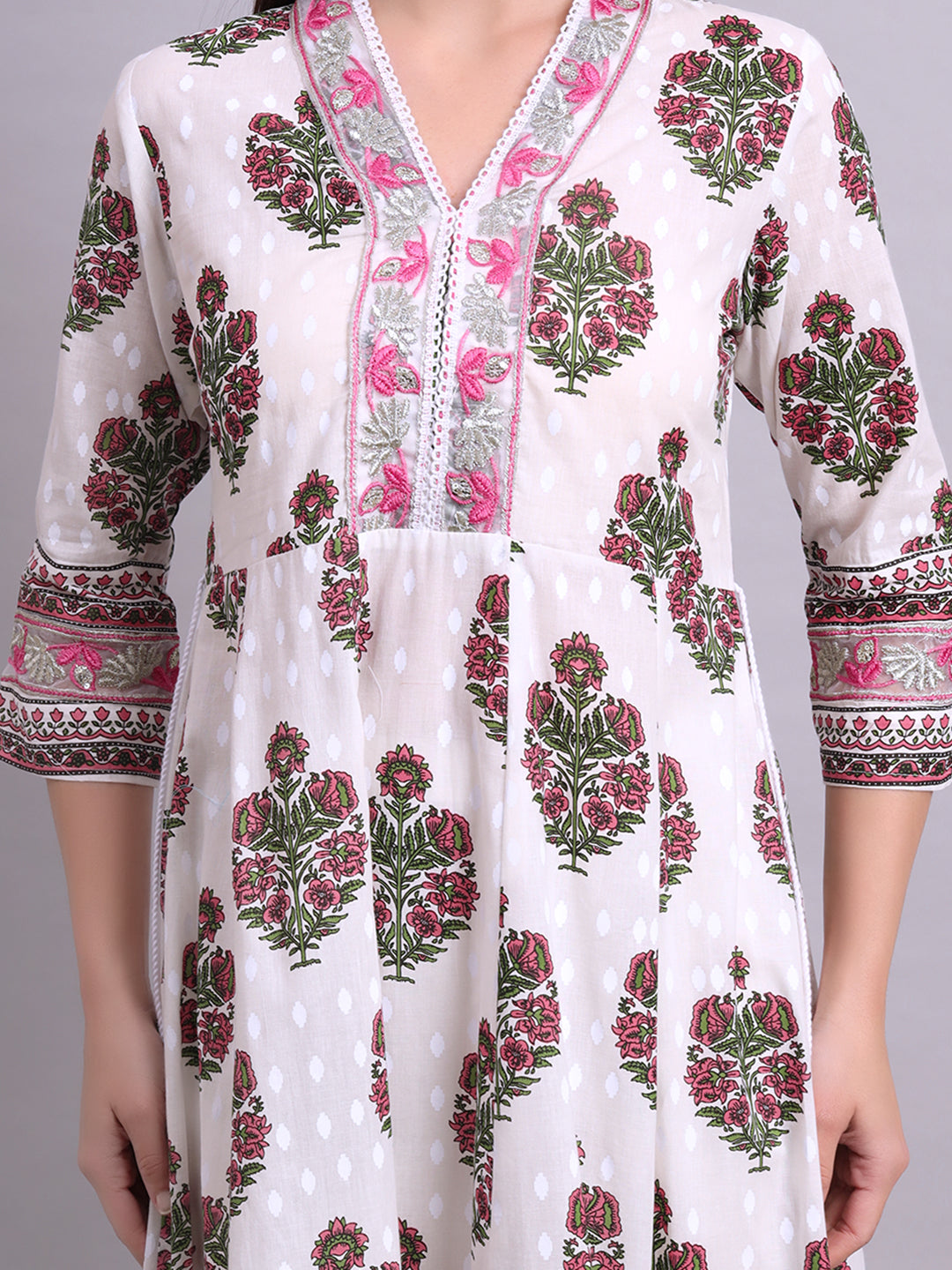 Off White Cotton Buta Printed & Embroidery Work Anarkali Kurta Pant and dupatta