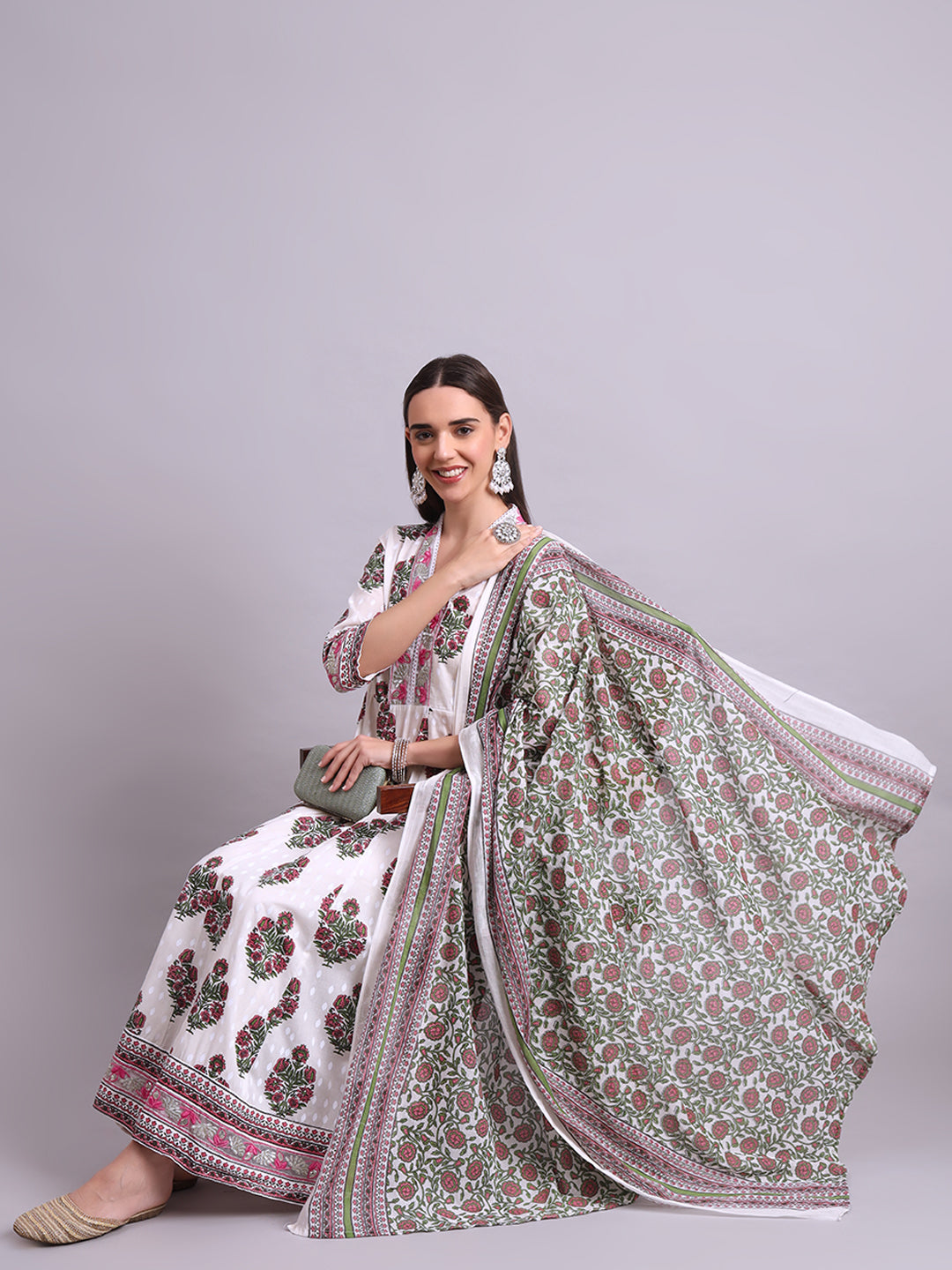 Off White Cotton Buta Printed & Embroidery Work Anarkali Kurta Pant and dupatta