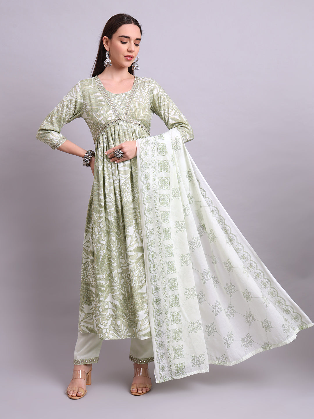 Green Cotton Floral Printed & Embroidery Work Anarkali Kurta Pant and dupatta