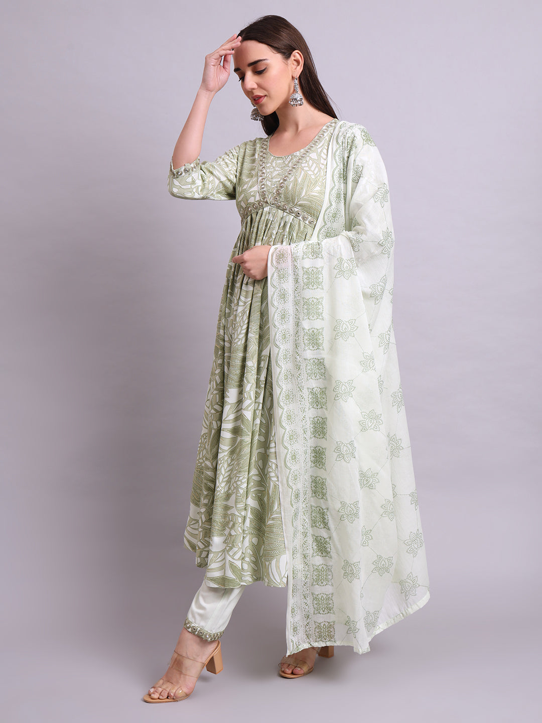 Green Cotton Floral Printed & Embroidery Work Anarkali Kurta Pant and dupatta