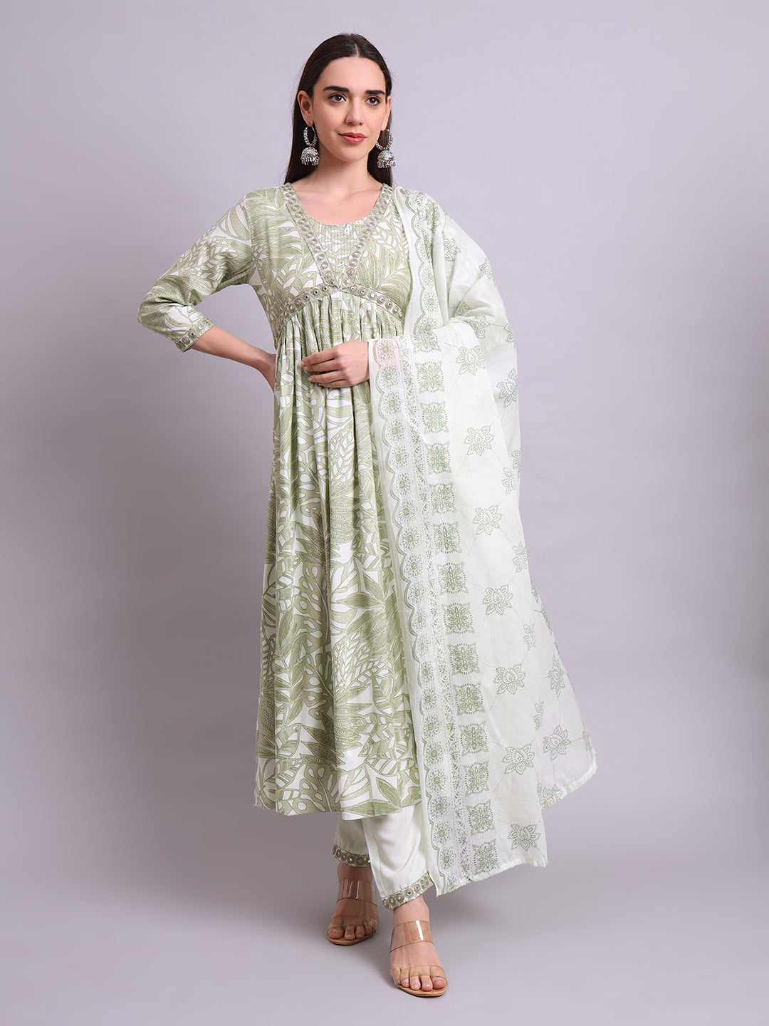 Green Cotton Floral Printed & Embroidery Work Anarkali Kurta Pant and dupatta