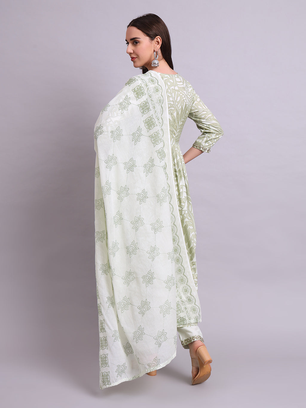 Green Cotton Floral Printed & Embroidery Work Anarkali Kurta Pant and dupatta