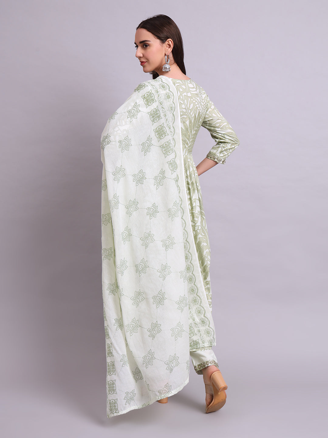 Green Cotton Floral Printed & Embroidery Work Anarkali Kurta Pant and dupatta