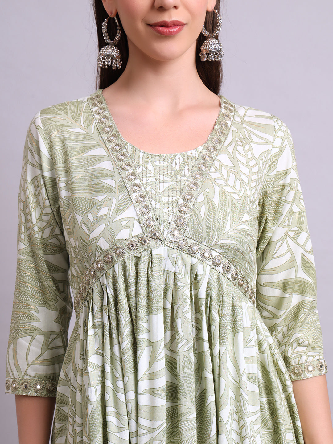 Green Cotton Floral Printed & Embroidery Work Anarkali Kurta Pant and dupatta