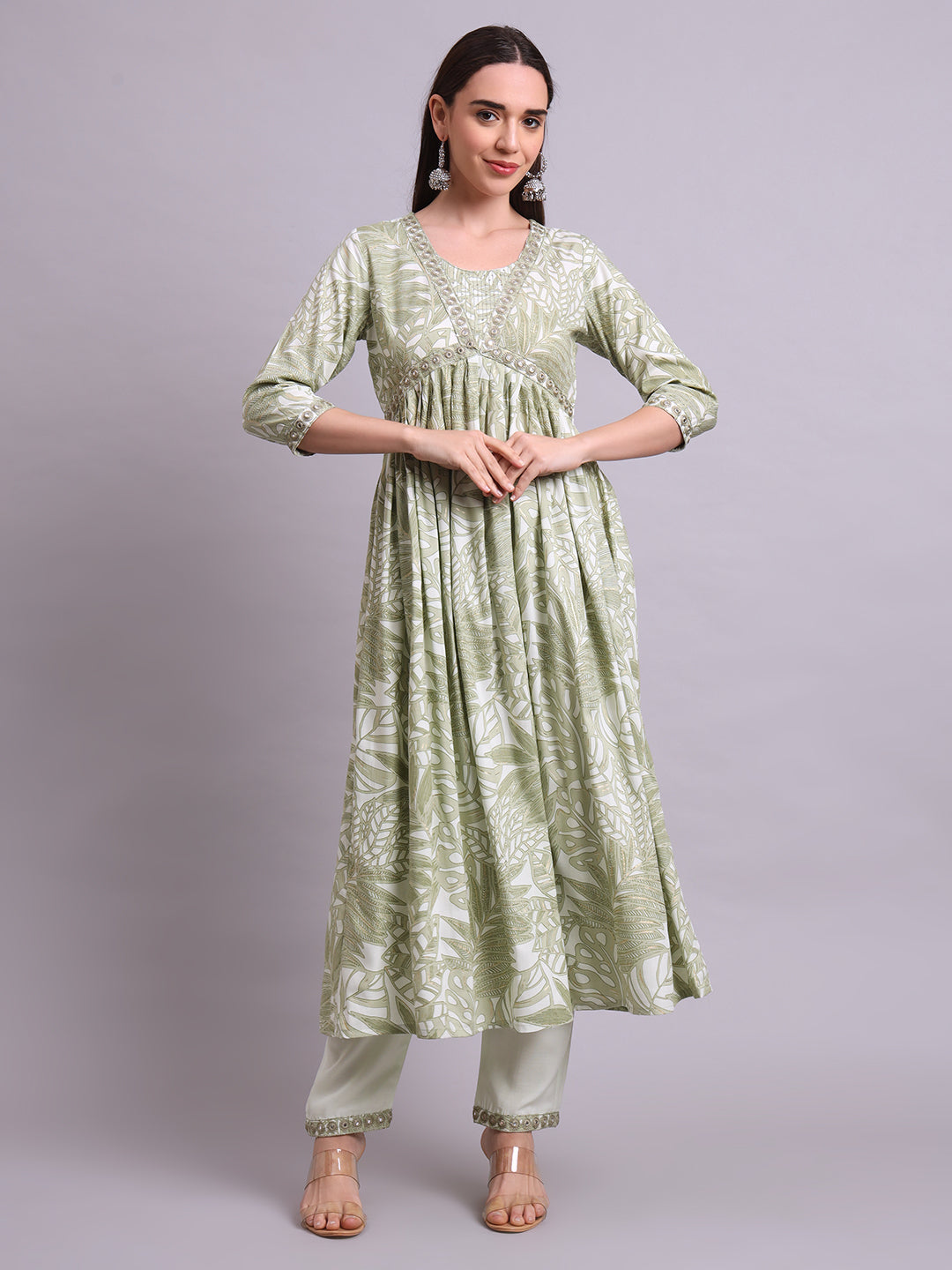 Green Cotton Floral Printed & Embroidery Work Anarkali Kurta Pant and dupatta