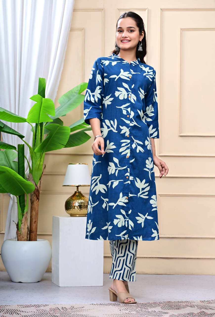 Women Blue Cotton Printed & Trim Work A-Line Kurta & Bottom Set