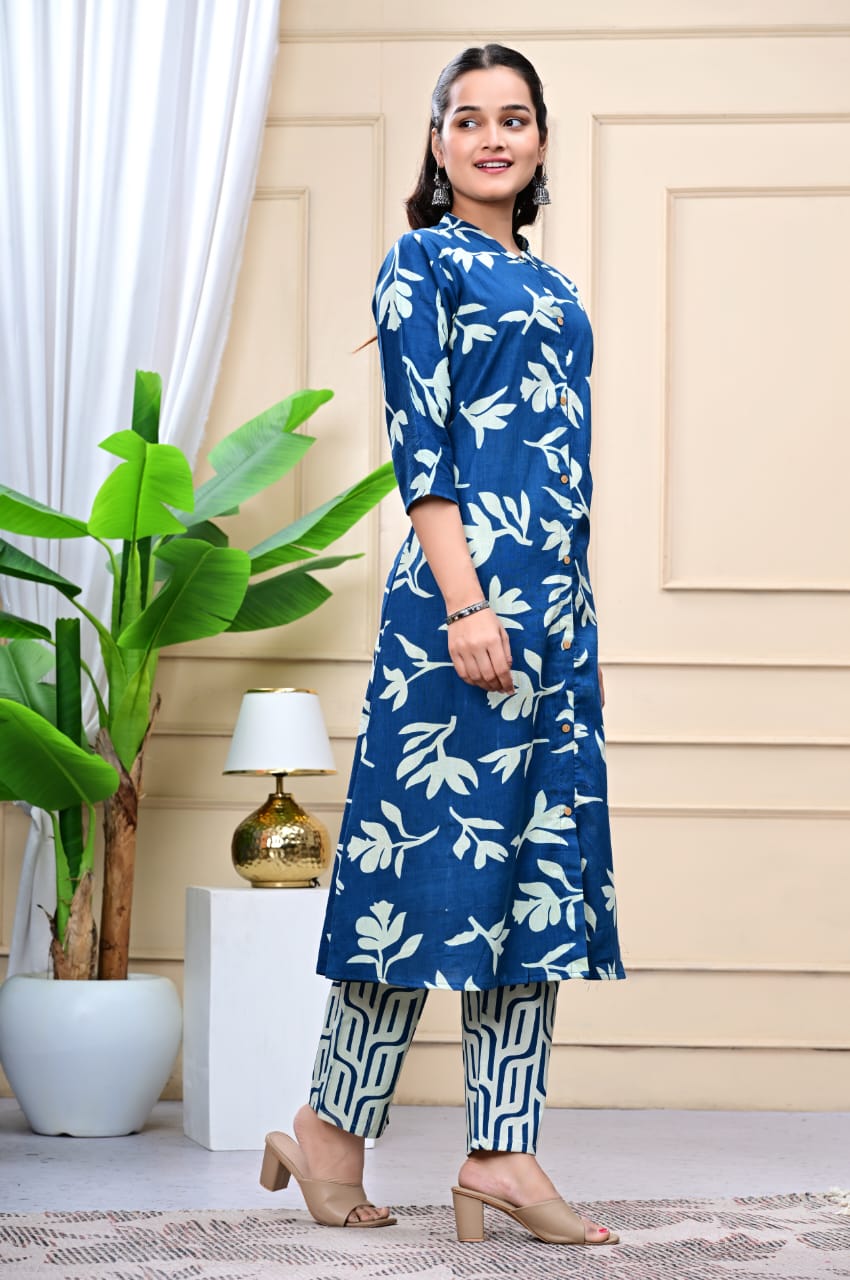 Women Blue Cotton Printed & Trim Work A-Line Kurta & Bottom Set