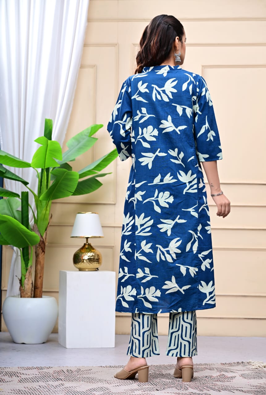 Women Blue Cotton Printed & Trim Work A-Line Kurta & Bottom Set