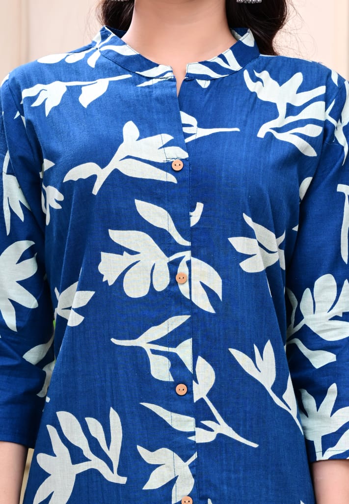 Women Blue Cotton Printed & Trim Work A-Line Kurta & Bottom Set