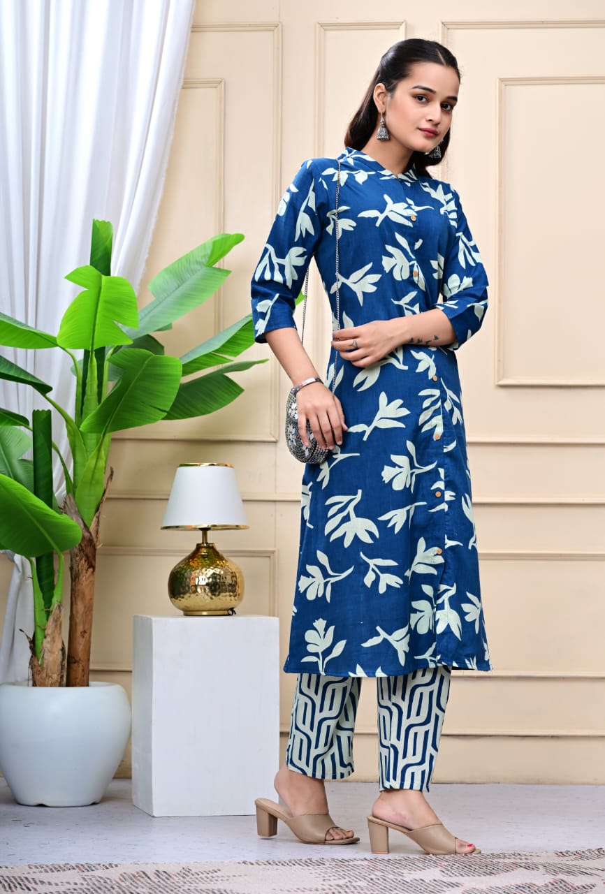 Women Blue Cotton Printed & Trim Work A-Line Kurta & Bottom Set