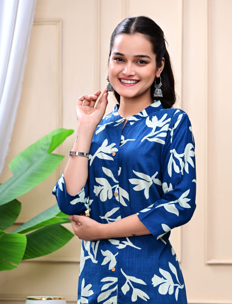 Women Blue Cotton Printed & Trim Work A-Line Kurta & Bottom Set