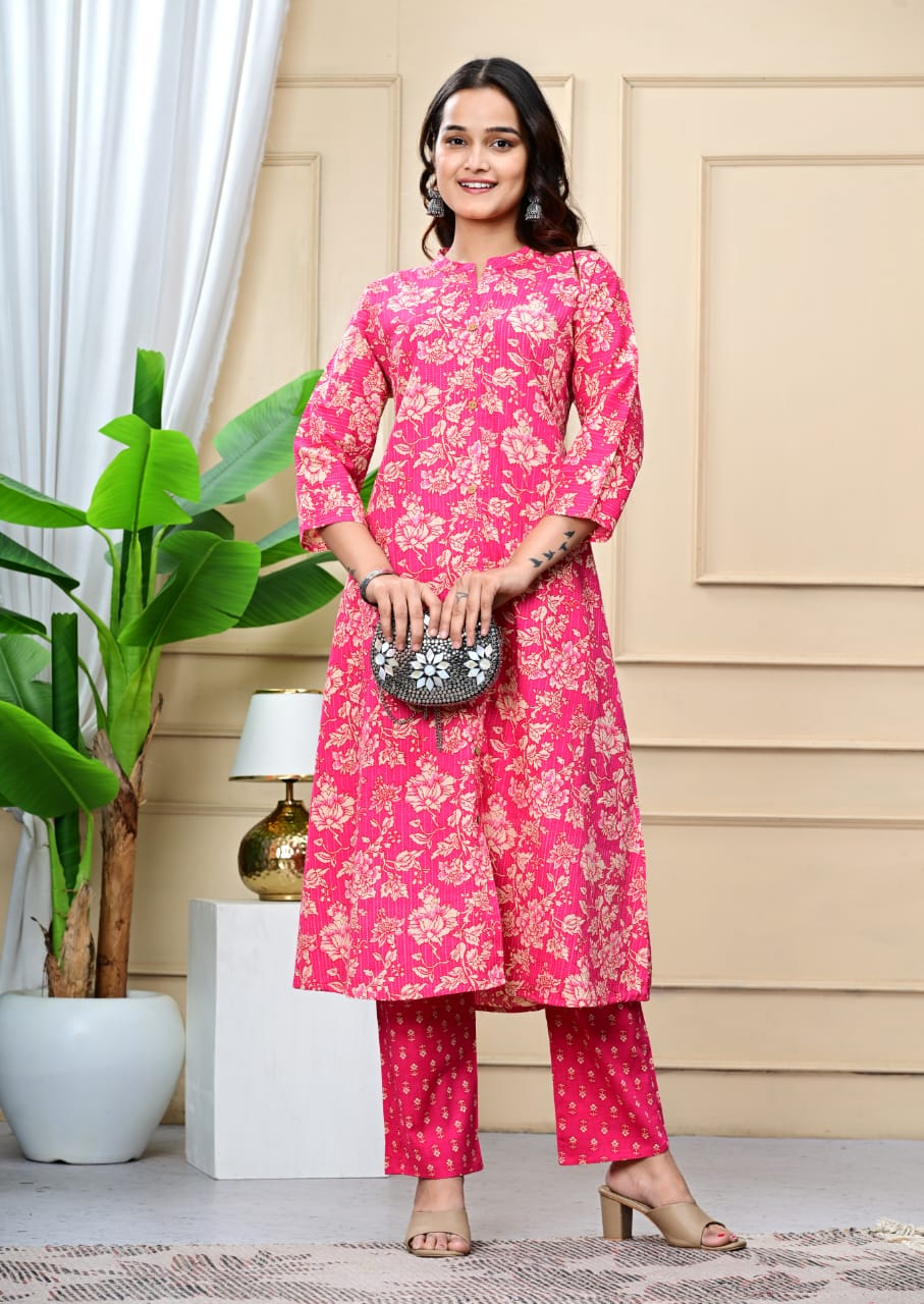 Women Pink Cotton Printed & Trim Work A-Line Kurta & Bottom Set