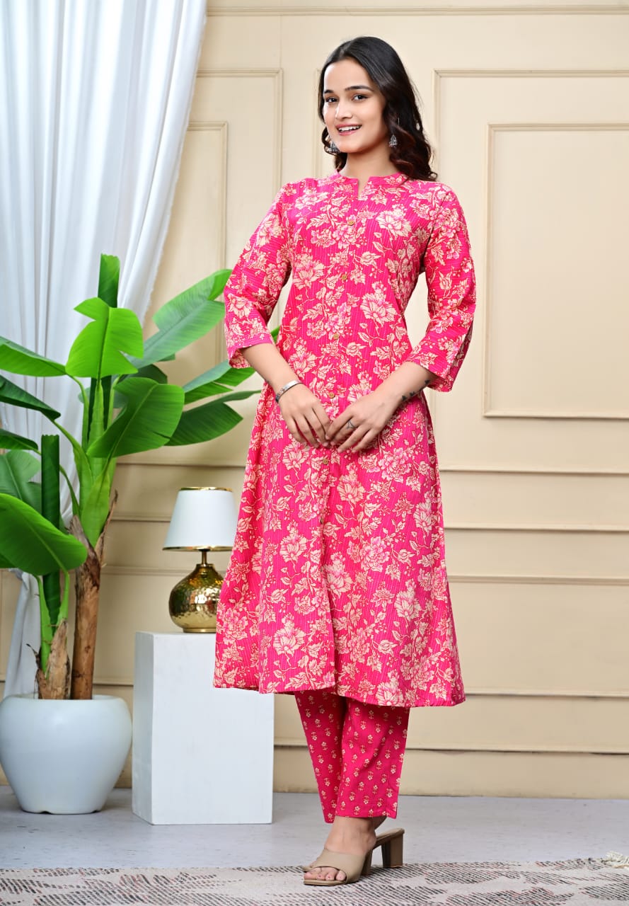 Women Pink Cotton Printed & Trim Work A-Line Kurta & Bottom Set