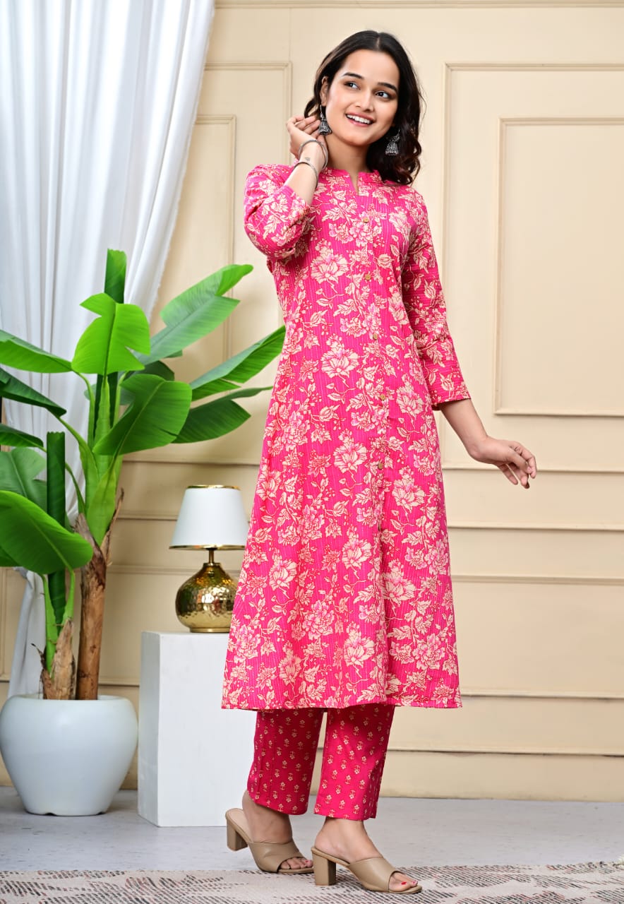 Women Pink Cotton Printed & Trim Work A-Line Kurta & Bottom Set